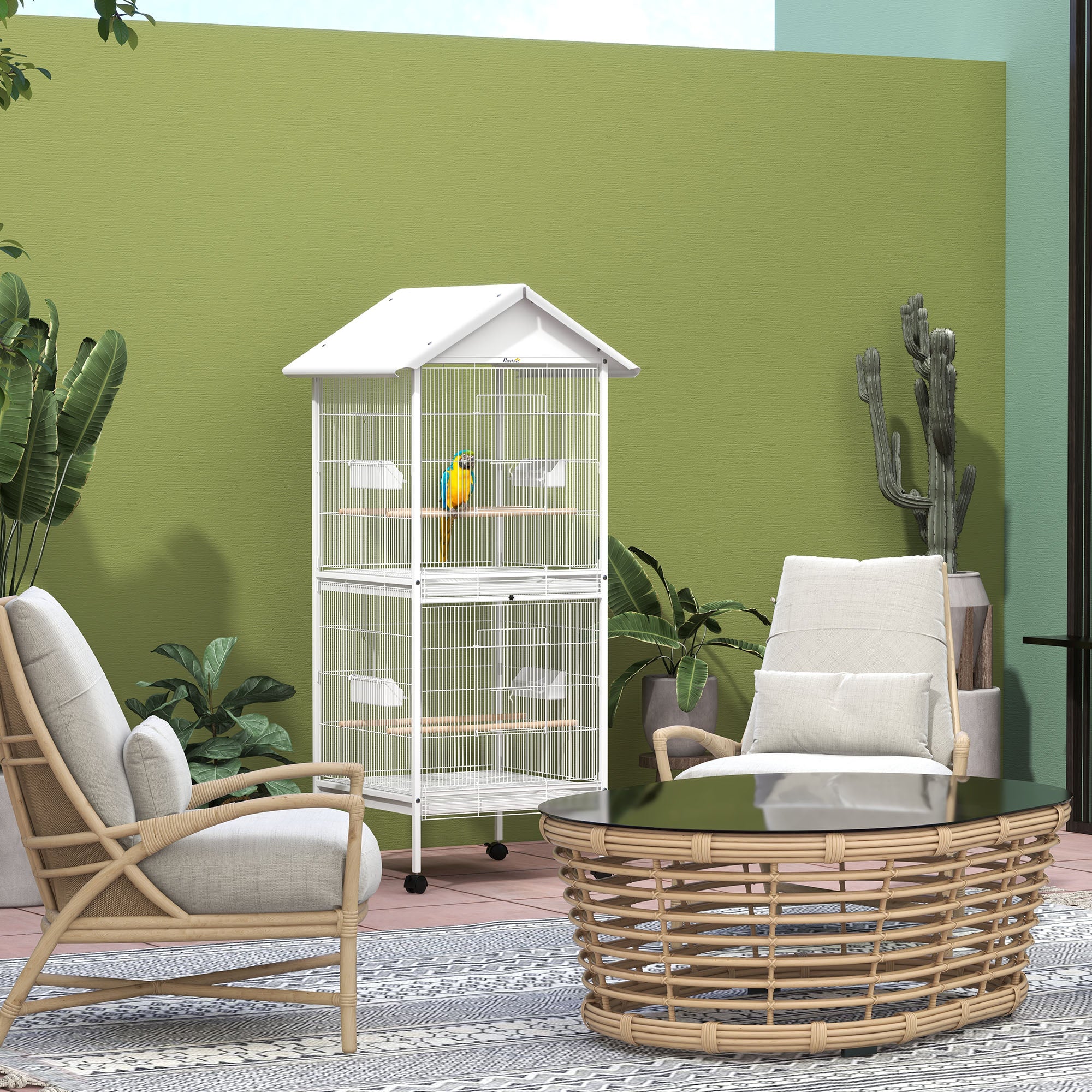 PawHut 170cm Bird Cage Budgie Cage Large Aviary with Perches, Doors, Wheels, for Finch, Canary, Cockatiel - White