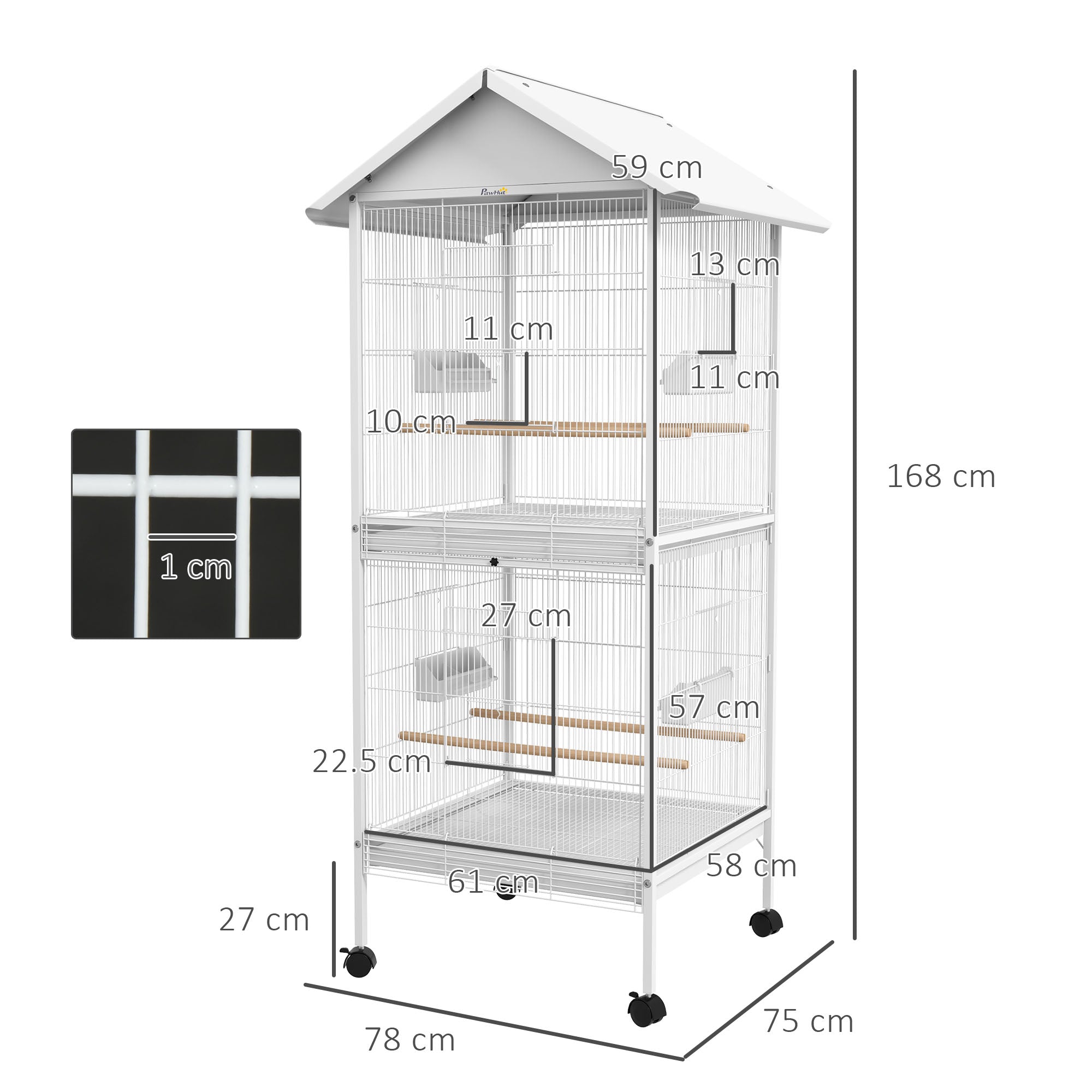 PawHut 170cm Bird Cage Budgie Cage Large Aviary with Perches, Doors, Wheels, for Finch, Canary, Cockatiel - White