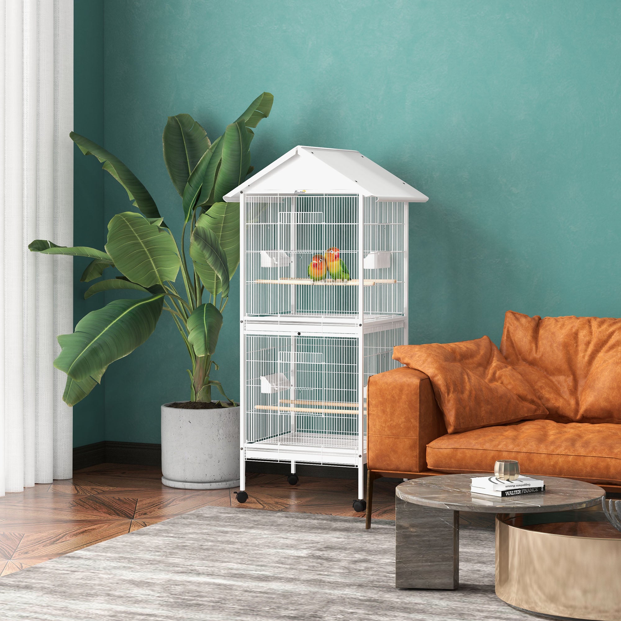 PawHut 170cm Bird Cage Budgie Cage Large Aviary with Perches, Doors, Wheels, for Finch, Canary, Cockatiel - White