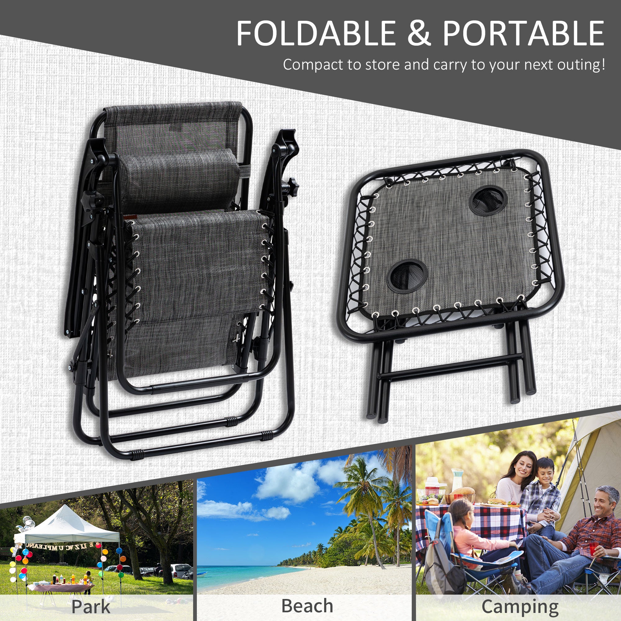 Outsunny Zero Gravity Chair Set of 2 with Side Table, Folding Lounge Chair with Cupholders & Pillows, Patio Chair Set for Pool, Backyard, Lawn, Beach, Grey