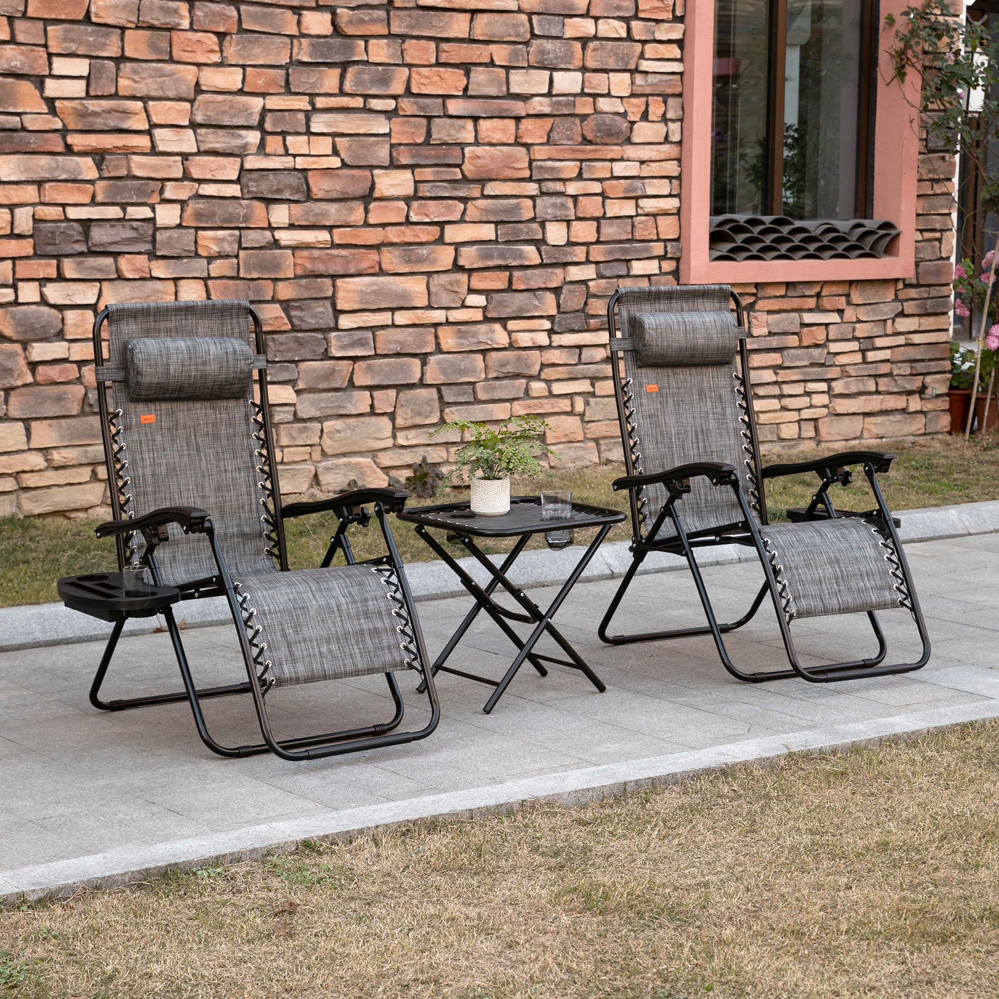 Outsunny Zero Gravity Chair Set of 2 with Side Table, Folding Lounge Chair with Cupholders & Pillows, Patio Chair Set for Pool, Backyard, Lawn, Beach, Grey