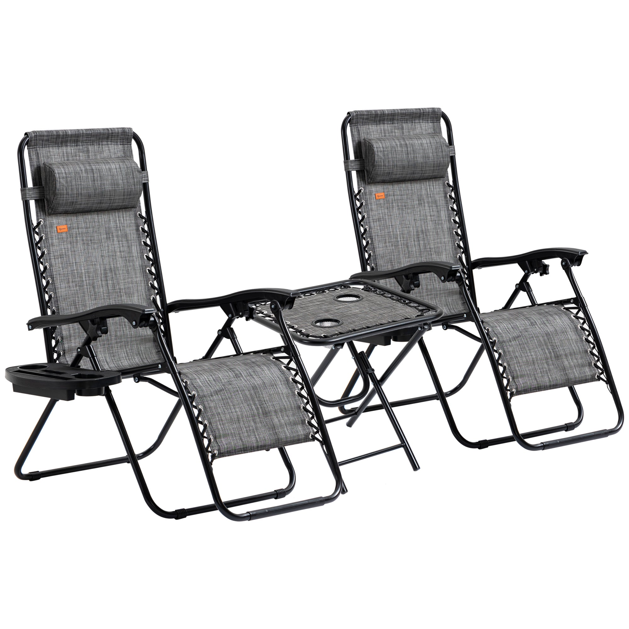 Outsunny Zero Gravity Chair Set of 2 with Side Table, Folding Lounge Chair with Cupholders & Pillows, Patio Chair Set for Pool, Backyard, Lawn, Beach, Grey