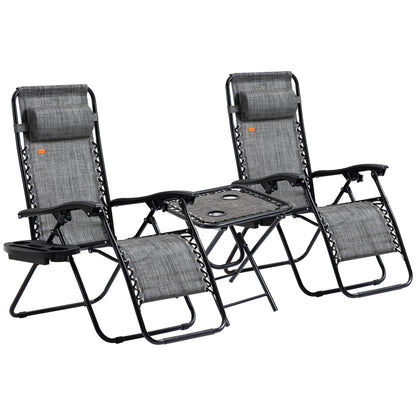 Outsunny Zero Gravity Chair Set of 2 with Side Table, Folding Lounge Chair with Cupholders & Pillows, Patio Chair Set for Pool, Backyard, Lawn, Beach, Grey