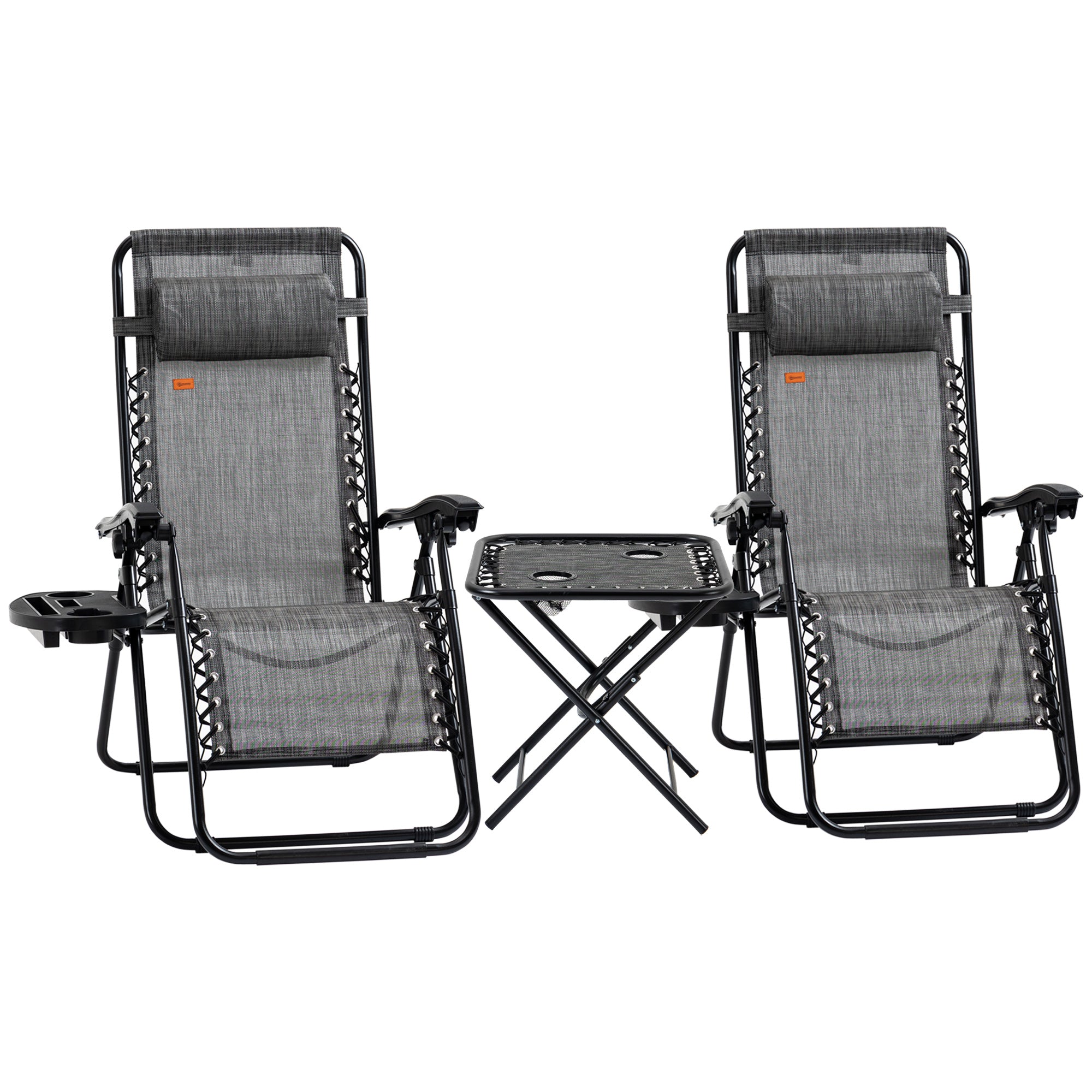 Outsunny Zero Gravity Chair Set of 2 with Side Table, Folding Lounge Chair with Cupholders & Pillows, Patio Chair Set for Pool, Backyard, Lawn, Beach, Grey