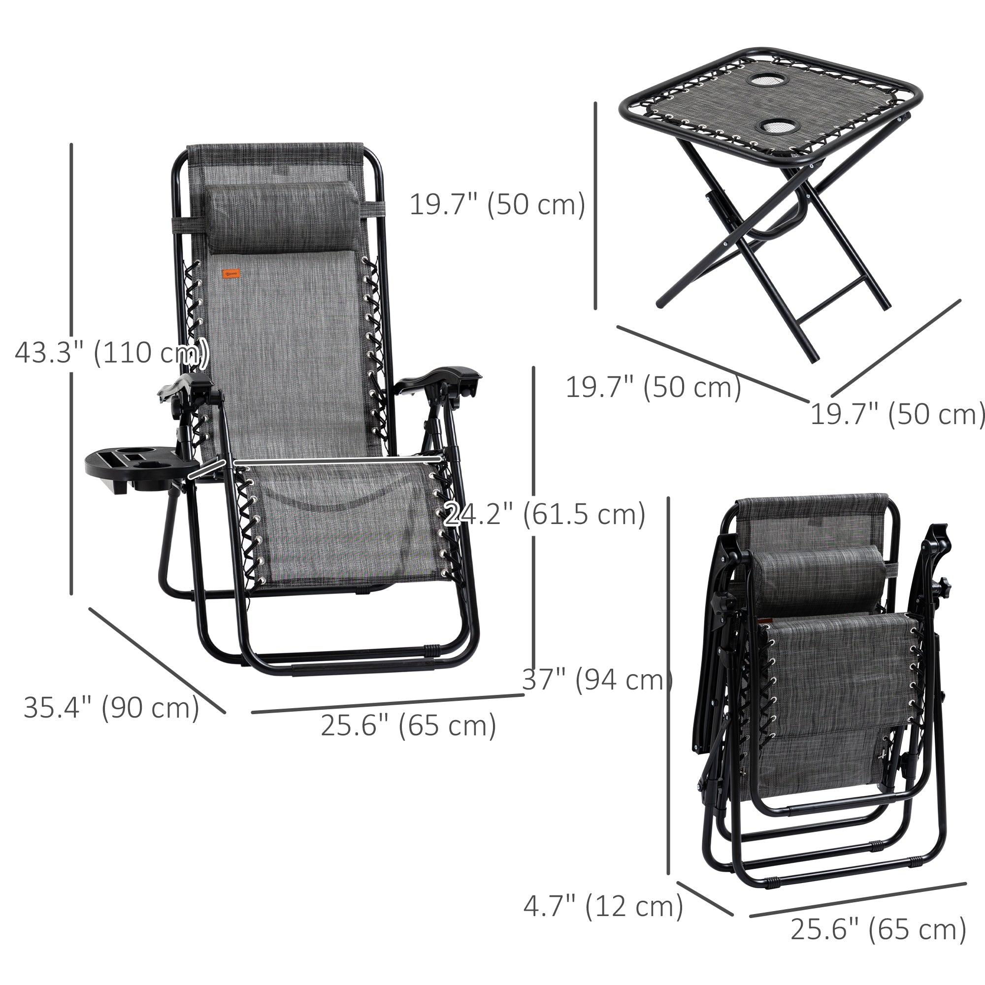 Outsunny Zero Gravity Chair Set of 2 with Side Table, Folding Lounge Chair with Cupholders & Pillows, Patio Chair Set for Pool, Backyard, Lawn, Beach, Grey