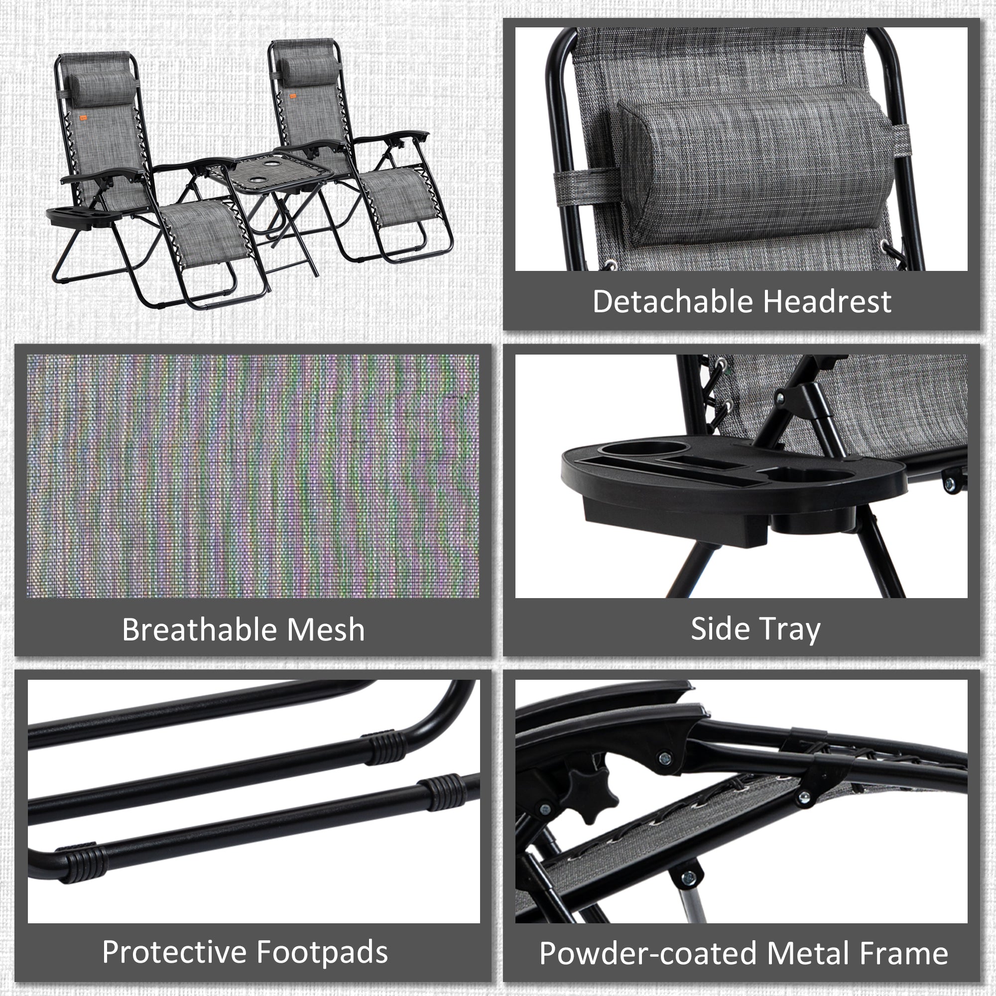 Outsunny Zero Gravity Chair Set of 2 with Side Table, Folding Lounge Chair with Cupholders & Pillows, Patio Chair Set for Pool, Backyard, Lawn, Beach, Grey