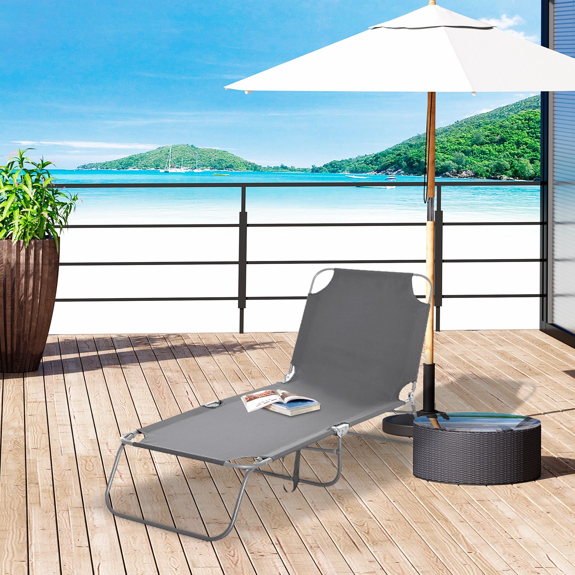 Outsunny Folding Outdoor Lounge Chair, Portable Reclining Beach Lounger with Breathable Mesh Fabric, Sun Lounge Bed Camping Cot for Patio, Garden, Poolside, Grey