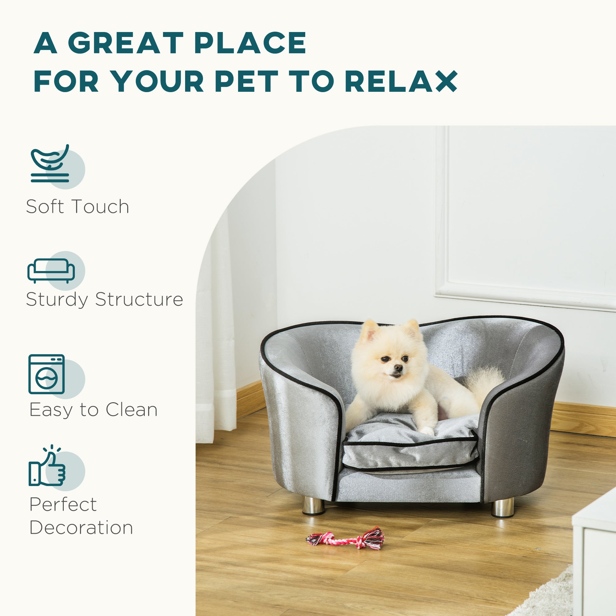 PawHut Dog Sofa Bed for Miniature Dogs, Pet Chair Couch Kitten Lounge with Soft Washable Cushion, Thick Sponge, Wooden Frame, Storage Pocket, 69 x 49 x 38cm - Silver-Tone
