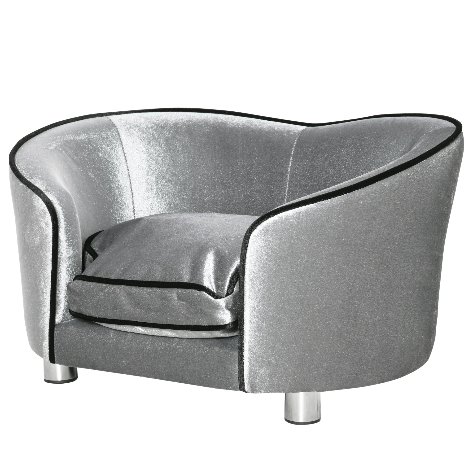 PawHut Dog Sofa Bed for Miniature Dogs, Pet Chair Couch Kitten Lounge with Soft Washable Cushion, Thick Sponge, Wooden Frame, Storage Pocket, 69 x 49 x 38cm - Silver-Tone