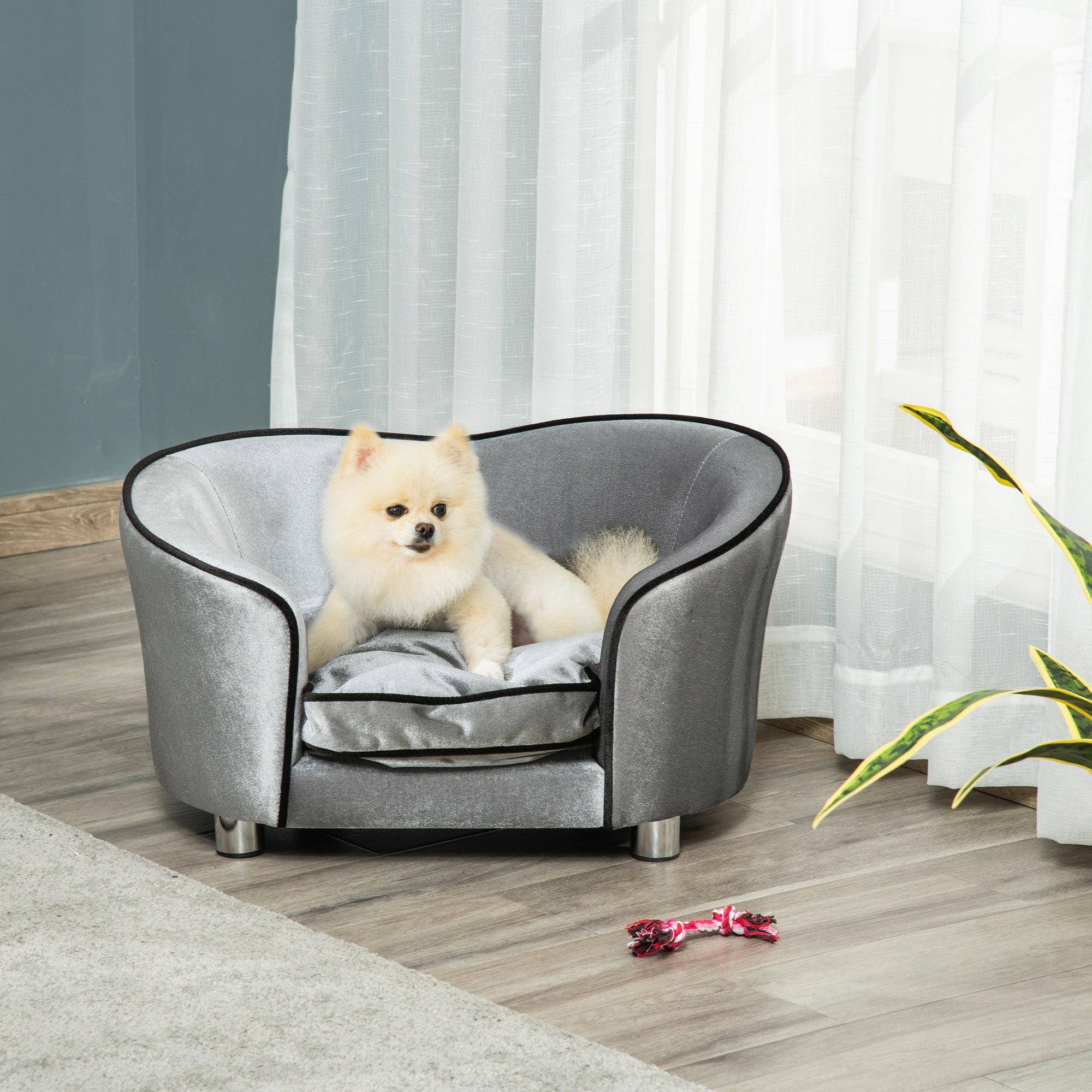 PawHut Dog Sofa Bed for Miniature Dogs, Pet Chair Couch Kitten Lounge with Soft Washable Cushion, Thick Sponge, Wooden Frame, Storage Pocket, 69 x 49 x 38cm - Silver-Tone