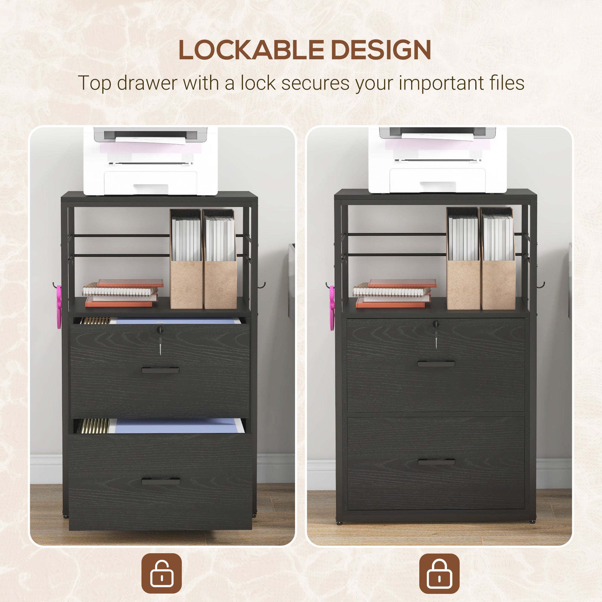 Vinsetto Vertical Filing Cabinet with Keys, Lockable File Cabinet with Adjustable Hanging Bar for Letter, A4 and Legal Size, 41" Tall Printer Stand with Shelves and Hooks, Black