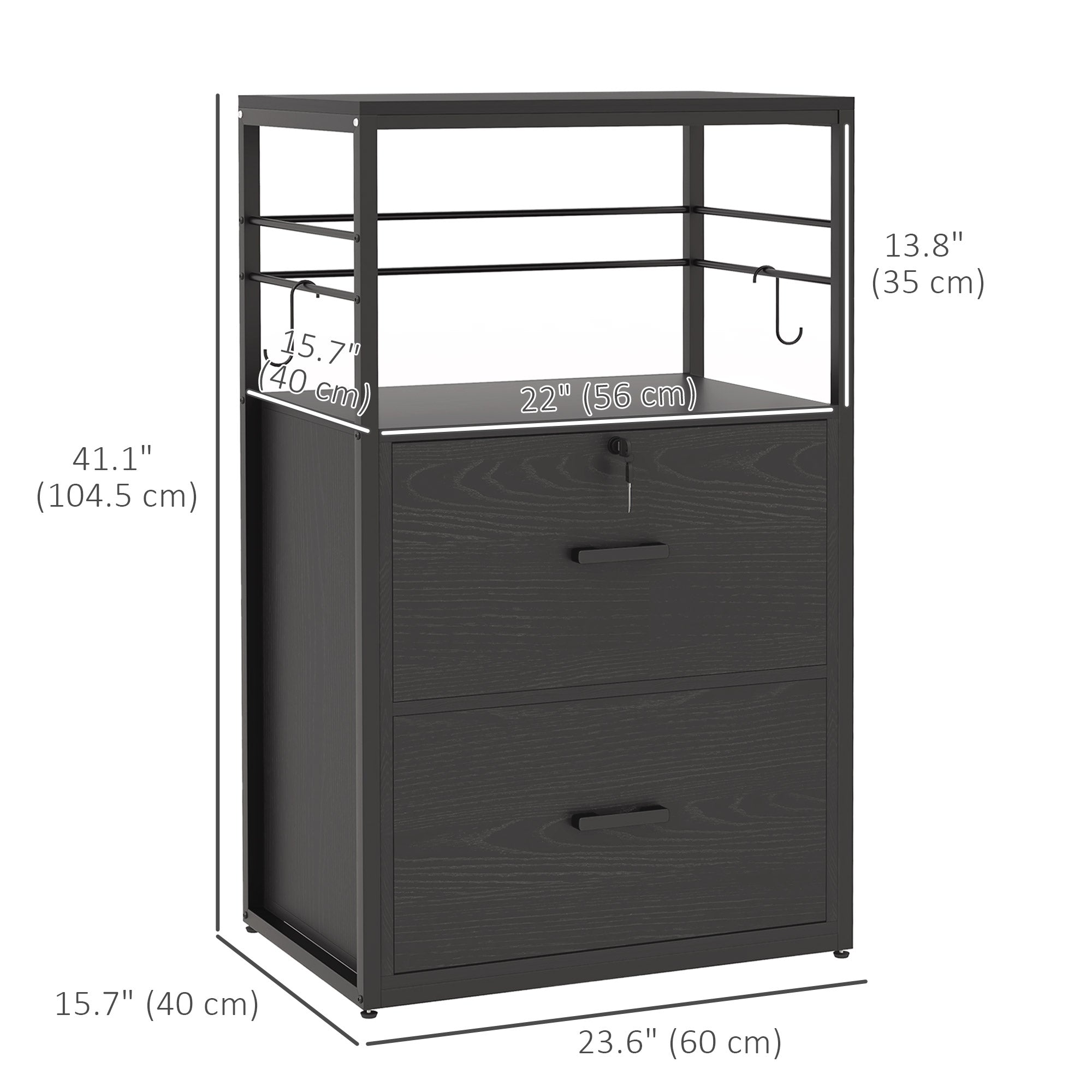 Vinsetto Vertical Filing Cabinet with Keys, Lockable File Cabinet with Adjustable Hanging Bar for Letter, A4 and Legal Size, 41" Tall Printer Stand with Shelves and Hooks, Black
