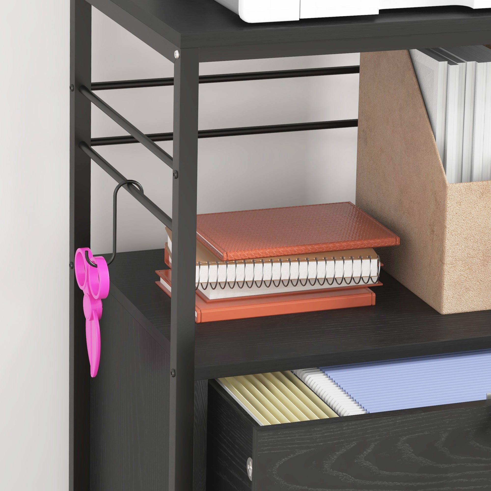 Vinsetto Vertical Filing Cabinet with Keys, Lockable File Cabinet with Adjustable Hanging Bar for Letter, A4 and Legal Size, 41" Tall Printer Stand with Shelves and Hooks, Black