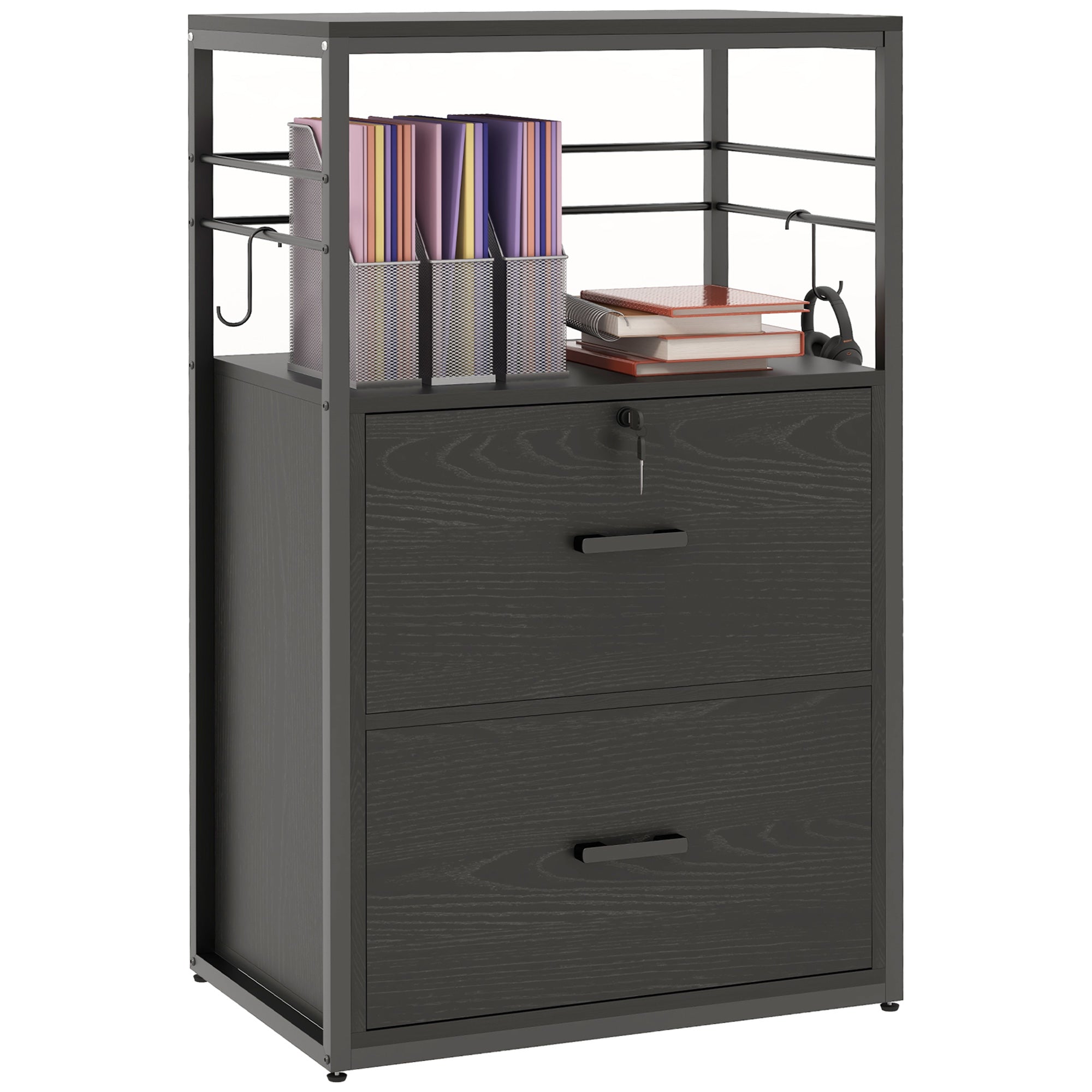 Vinsetto Vertical Filing Cabinet with Keys, Lockable File Cabinet with Adjustable Hanging Bar for Letter, A4 and Legal Size, 41" Tall Printer Stand with Shelves and Hooks, Black