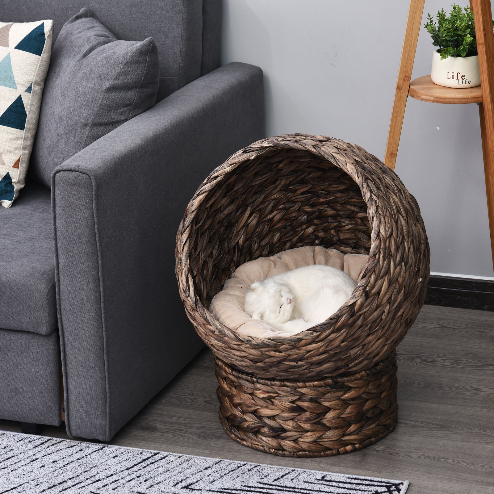PawHut Handwoven Elevated Cat Bed with Soft Cushion & Cat Egg Chair Shape, Cat Basket Bed Kitty House with Stand, Raised Wicker Cat Bed for Indoor Cats, 23.5" H, Gray