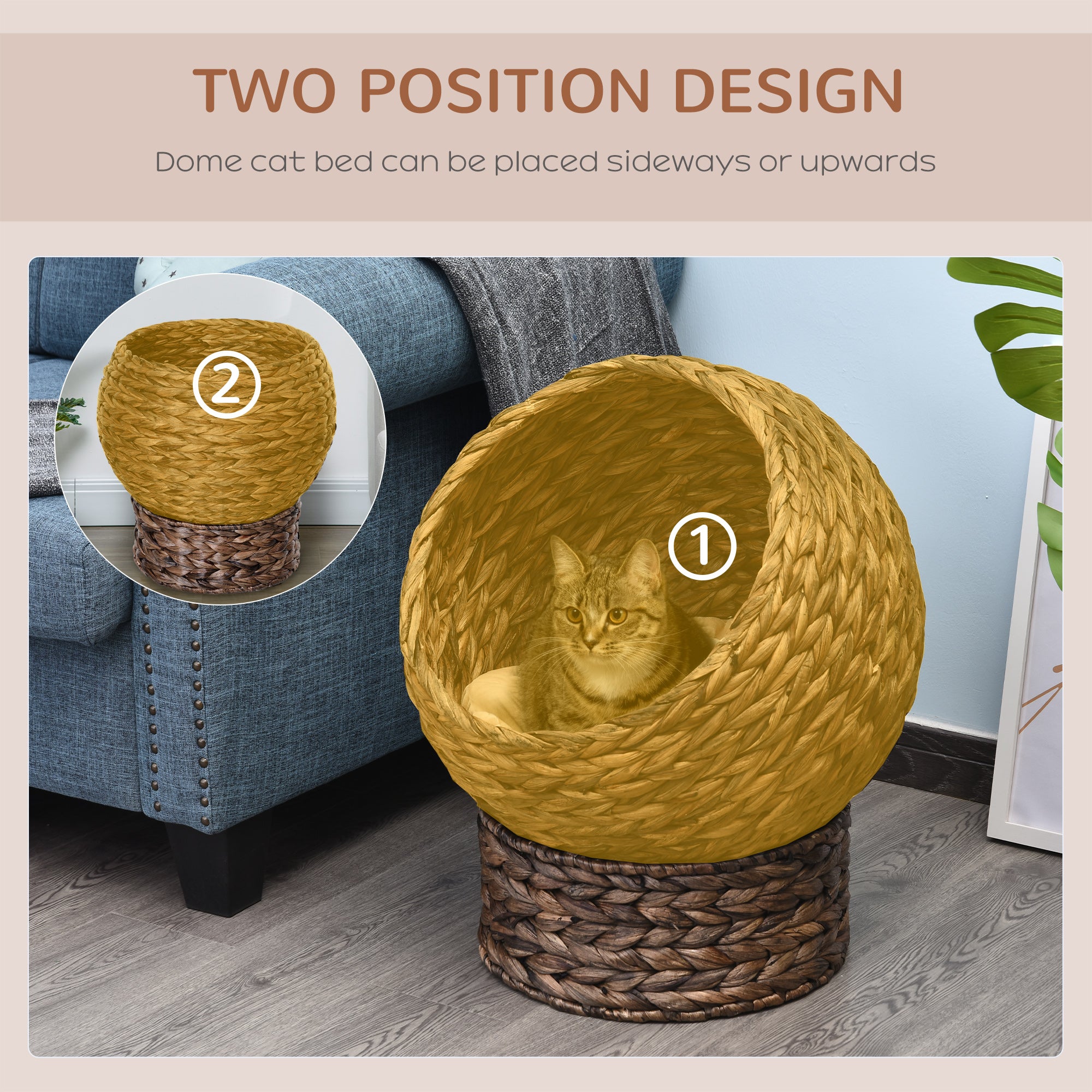 PawHut Handwoven Elevated Cat Bed with Soft Cushion & Cat Egg Chair Shape, Cat Basket Bed Kitty House with Stand, Raised Wicker Cat Bed for Indoor Cats, 23.5" H, Gray