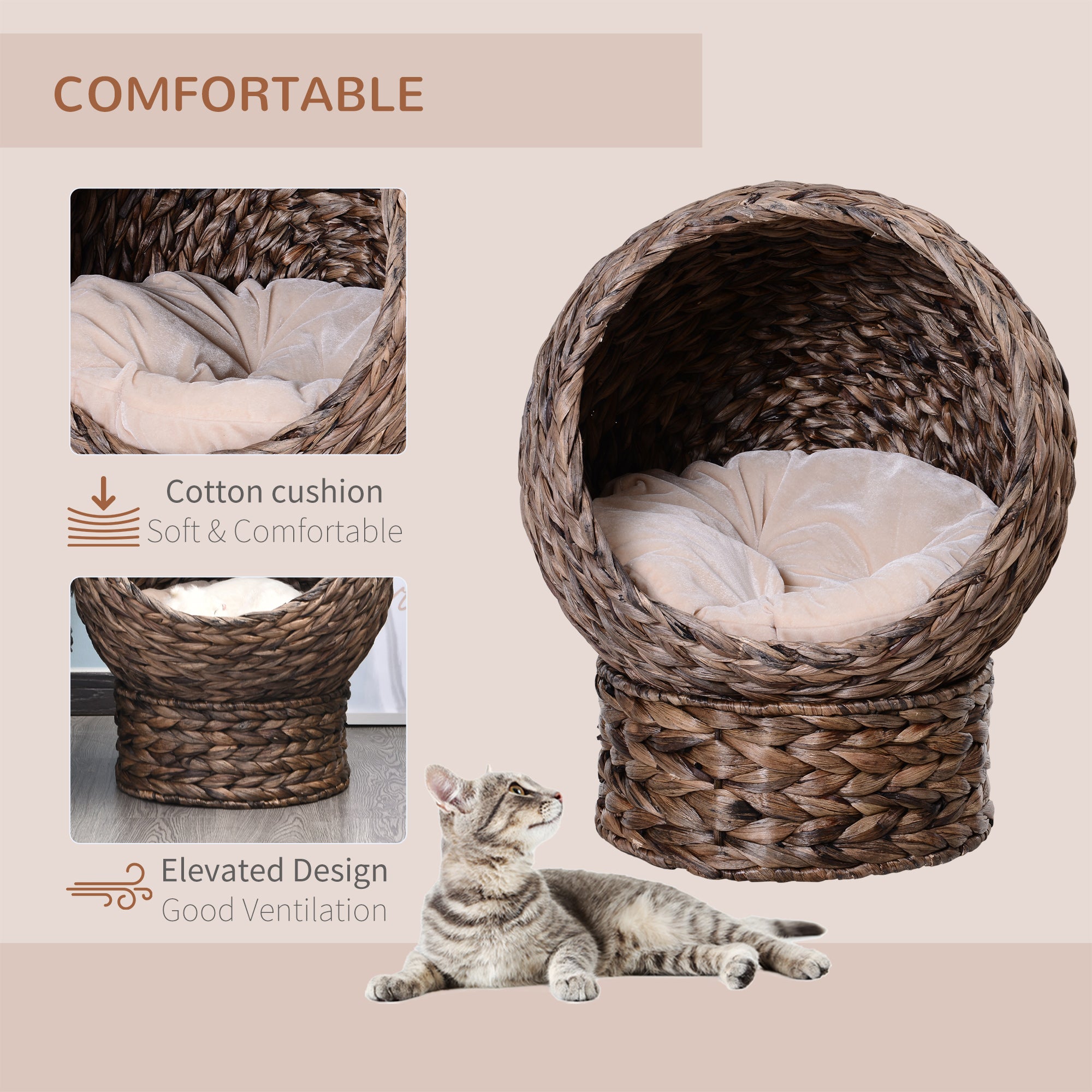 PawHut Handwoven Elevated Cat Bed with Soft Cushion & Cat Egg Chair Shape, Cat Basket Bed Kitty House with Stand, Raised Wicker Cat Bed for Indoor Cats, 23.5" H, Gray
