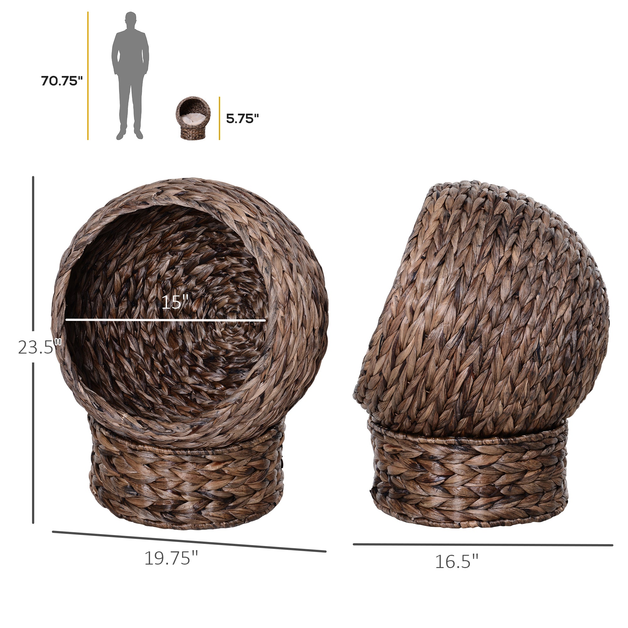 PawHut Handwoven Elevated Cat Bed with Soft Cushion & Cat Egg Chair Shape, Cat Basket Bed Kitty House with Stand, Raised Wicker Cat Bed for Indoor Cats, 23.5" H, Gray