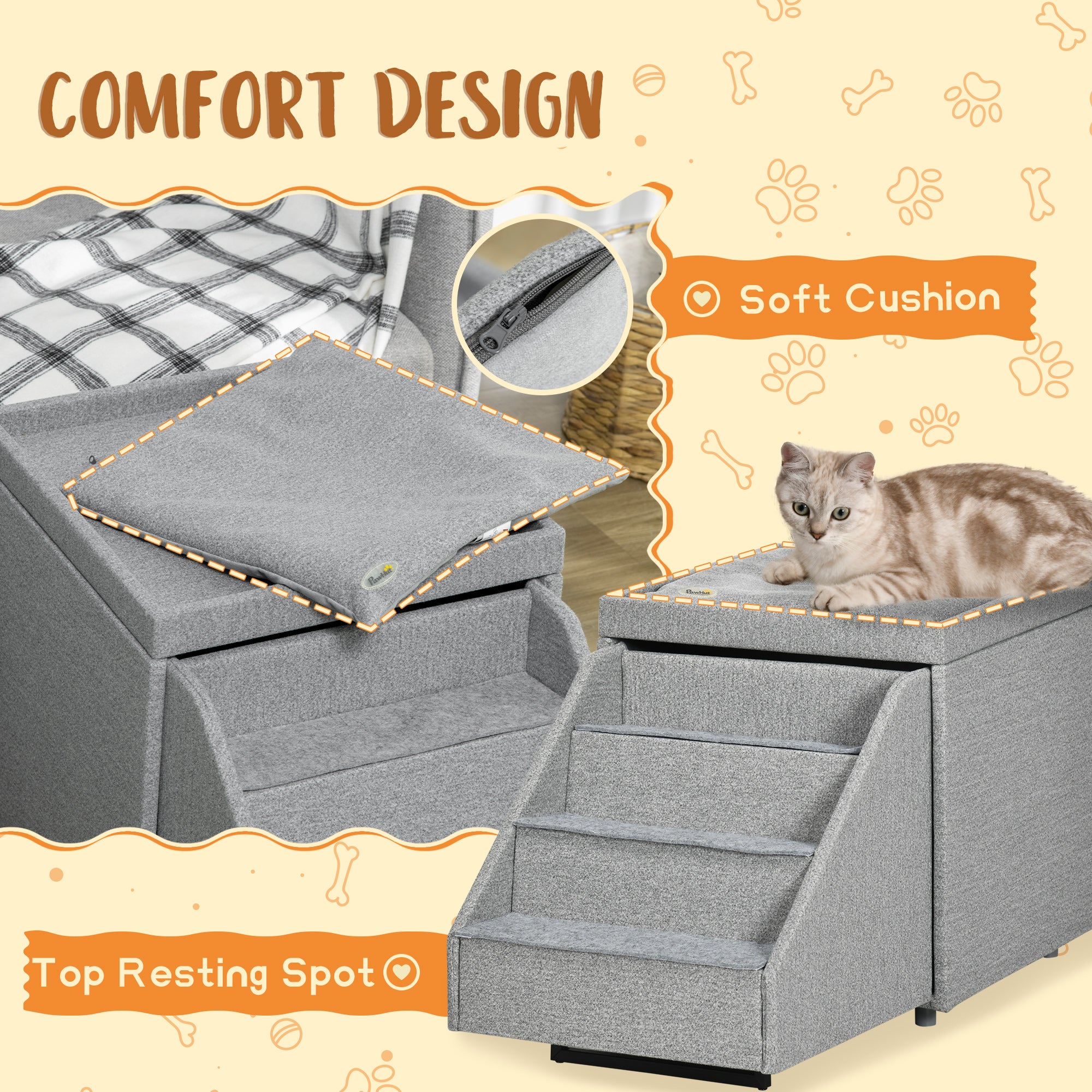 PawHut 2 in 1 Dog Stairs Ottoman, Multi-purpose Pet Stair with Storage for Small Medium Dogs Cats, Non-slip Dog Steps for Couch, High Beds and Sofa