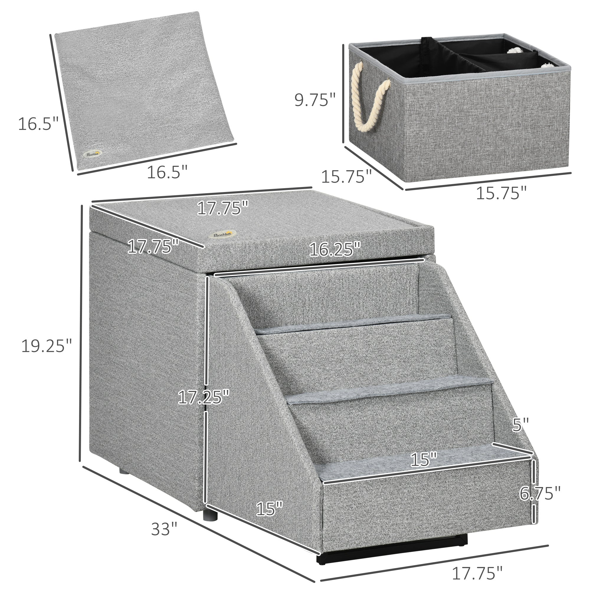 PawHut 2-in-1 Cat & Dog Steps for Bed, Living Room Storage & Footrest, Cat & Dog Stairs for Small and Medium Dogs, Pet Steps Storage Ottoman, Cat Stairs for Old Cats and Large Cats, Light Gray