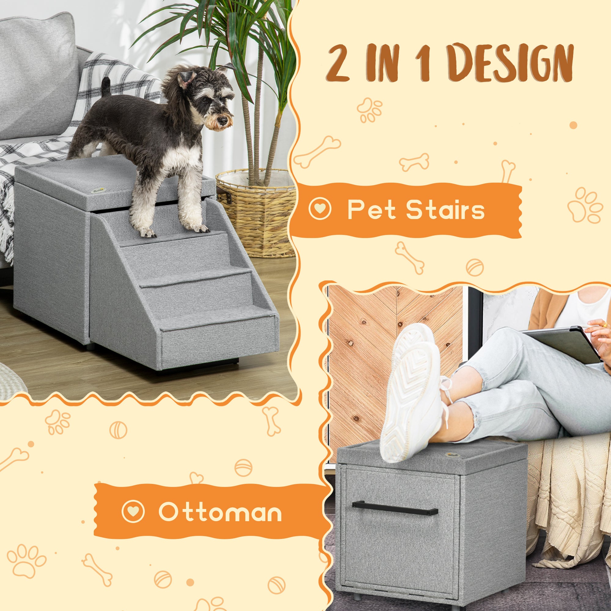 PawHut 2 in 1 Dog Stairs Ottoman, Multi-purpose Pet Stair with Storage for Small Medium Dogs Cats, Non-slip Dog Steps for Couch, High Beds and Sofa