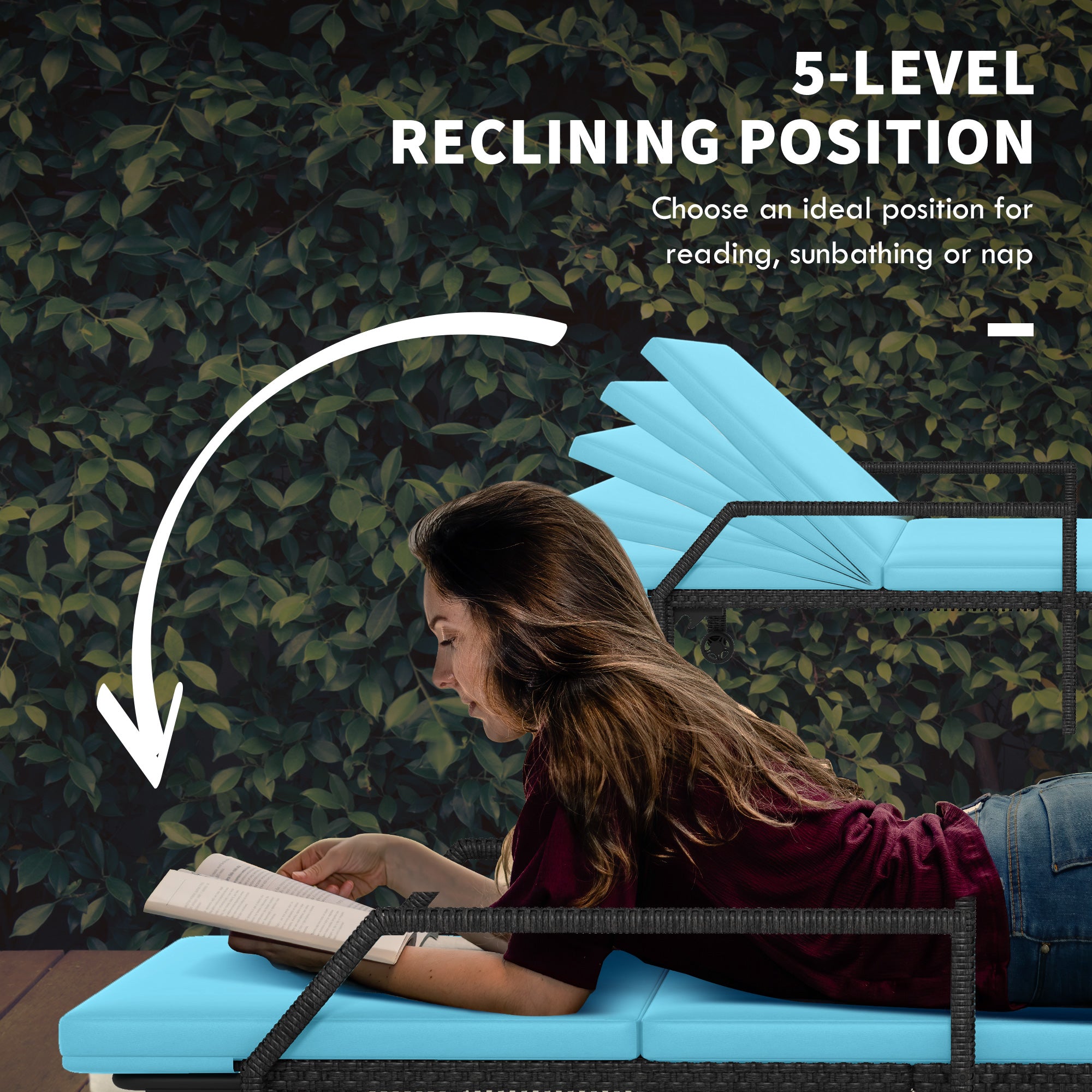 Outsunny 2 Piece Wicker Chaise Lounger PE Rattan Outdoor Lounge Chair Garden Chair Recliner with 5-Level Adjustable Backrest and 2 Wheels, Sky Blue