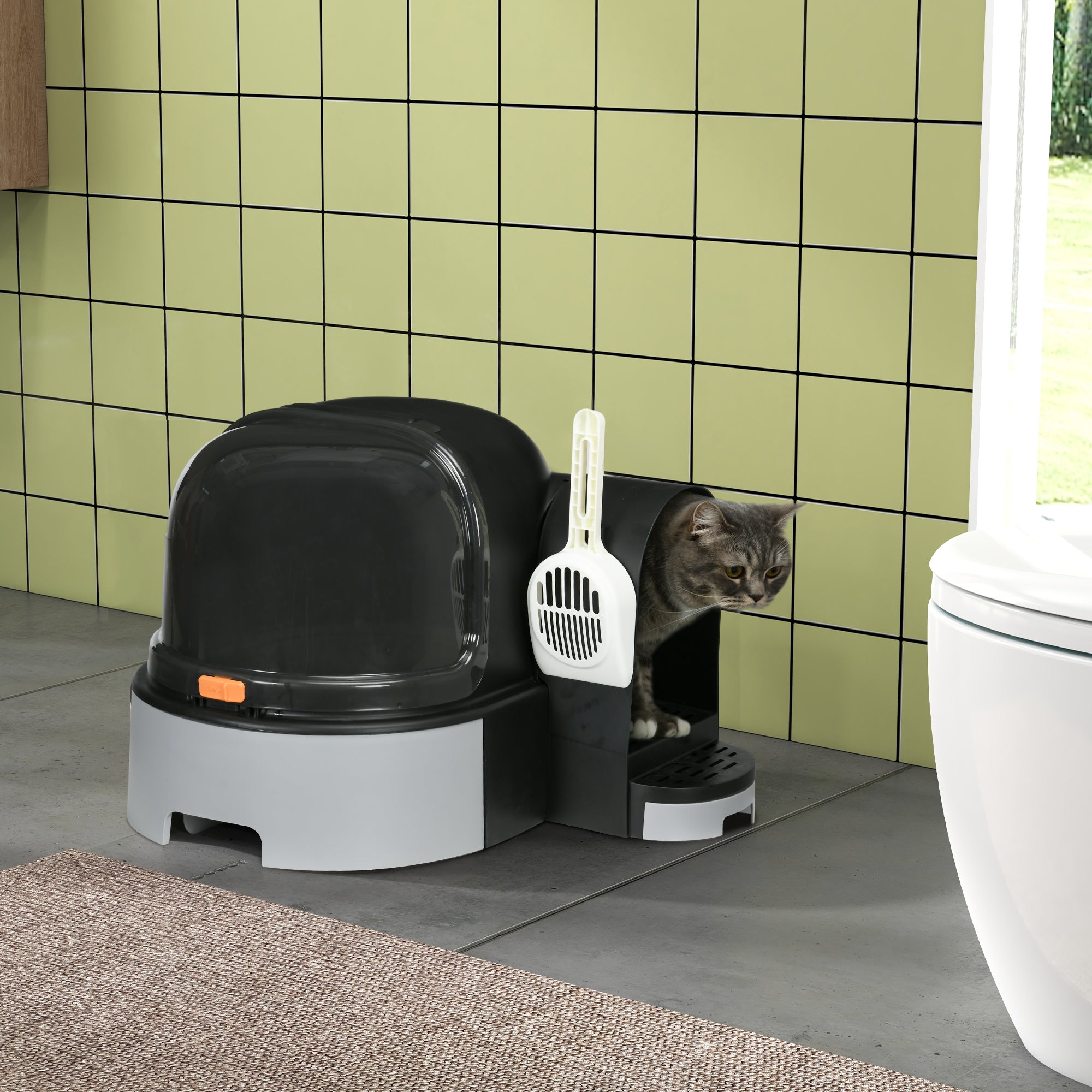 PawHut Cat Litter Box with Lid, Covered Litter Box, Easy to Clean & Open Including Openable Front Cover, Litter Scoop, Gray