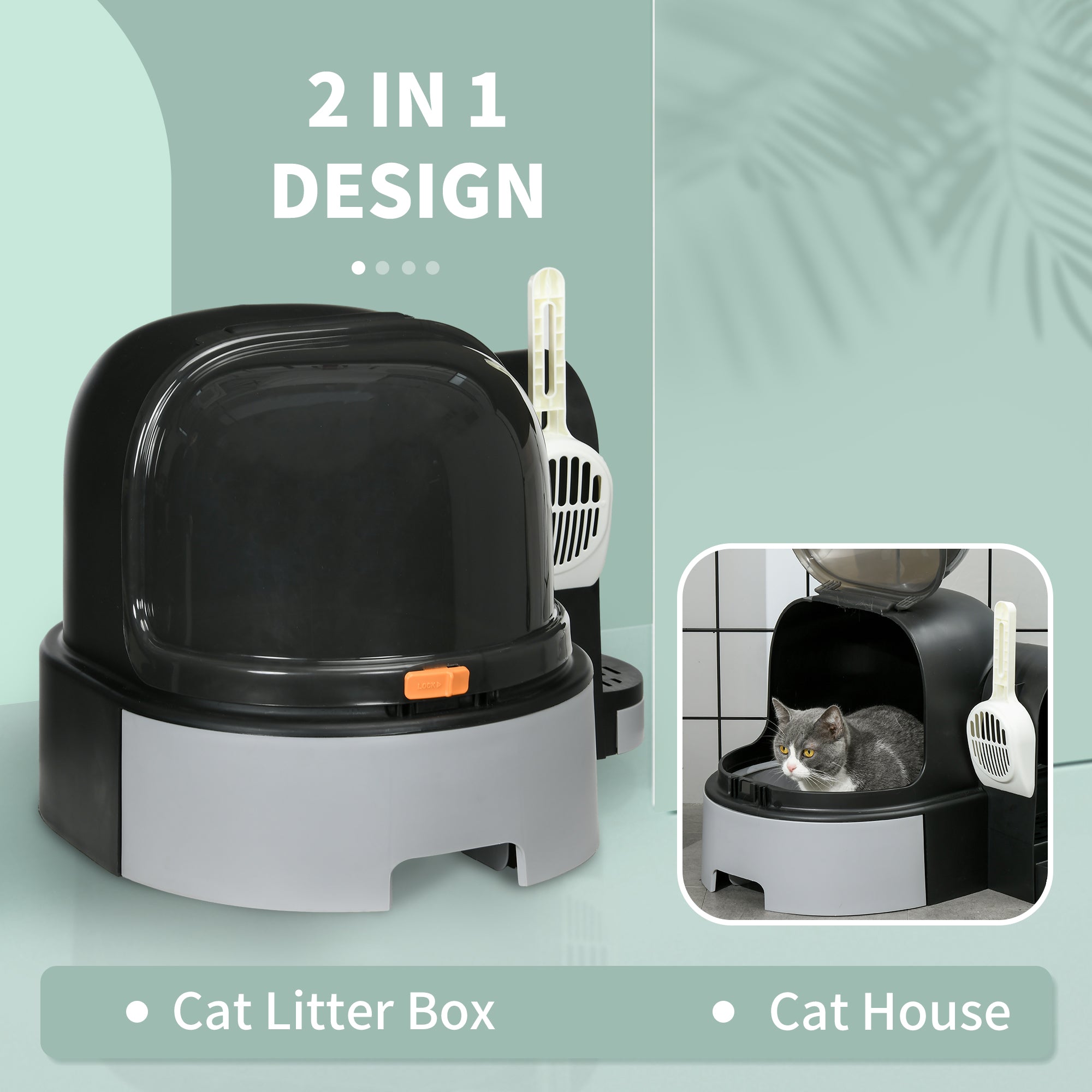 PawHut Cat Litter Box with Lid, Covered Litter Box, Easy to Clean & Open Including Openable Front Cover, Litter Scoop, Gray