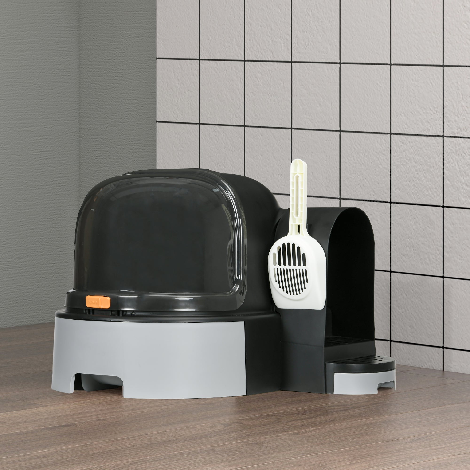 PawHut Cat Litter Box with Lid, Covered Litter Box, Easy to Clean & Open Including Openable Front Cover, Litter Scoop, Gray