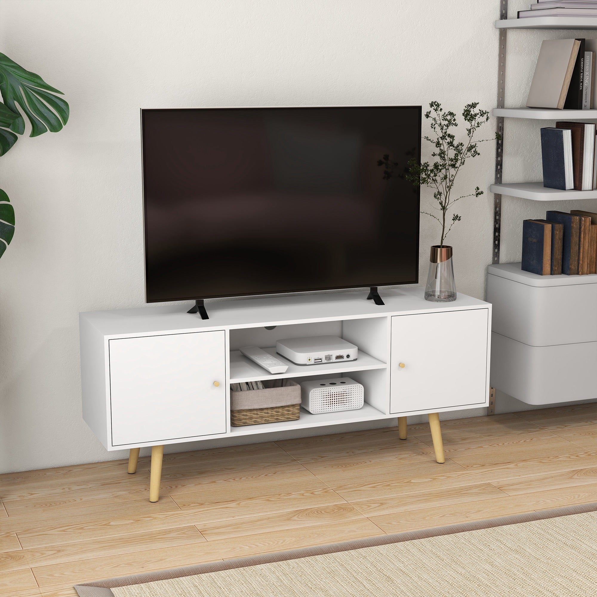 HOMCOM TV Stand Cabinet for TVs up to 55 Inches, Entertainment Unit with Storage Shelves and Wood Legs for Living Room, White