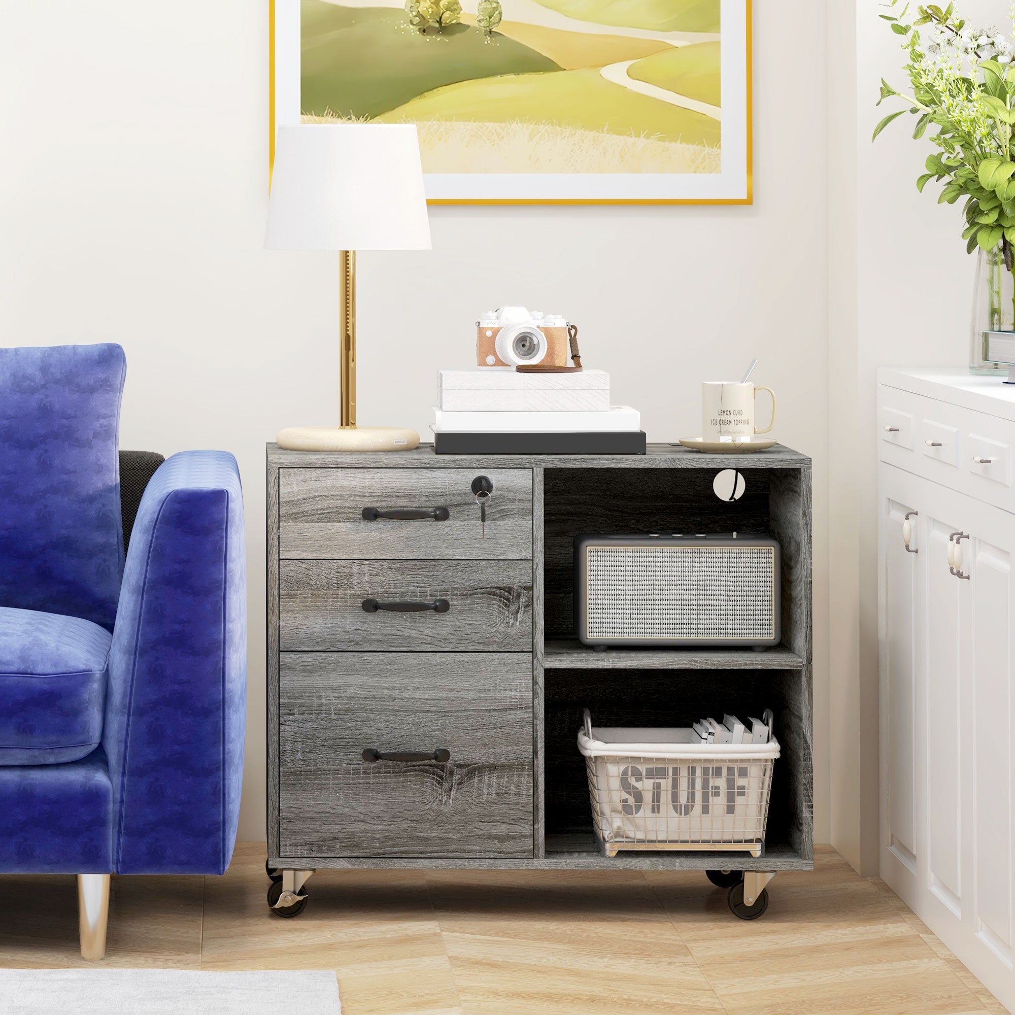 HOMCOM 3 Drawer Lateral Filing Cabinet with Charging Station and USB Ports, Mobile Printer Stand with Open Storage Shelf, Locking File Cabinet for A4, Letter Size, Grey