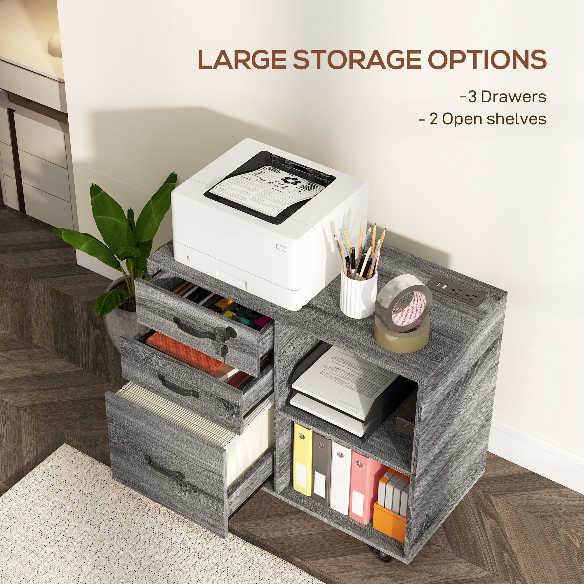 HOMCOM 3 Drawer Lateral Filing Cabinet with Charging Station and USB Ports, Mobile Printer Stand with Open Storage Shelf, Locking File Cabinet for A4, Letter Size, Grey