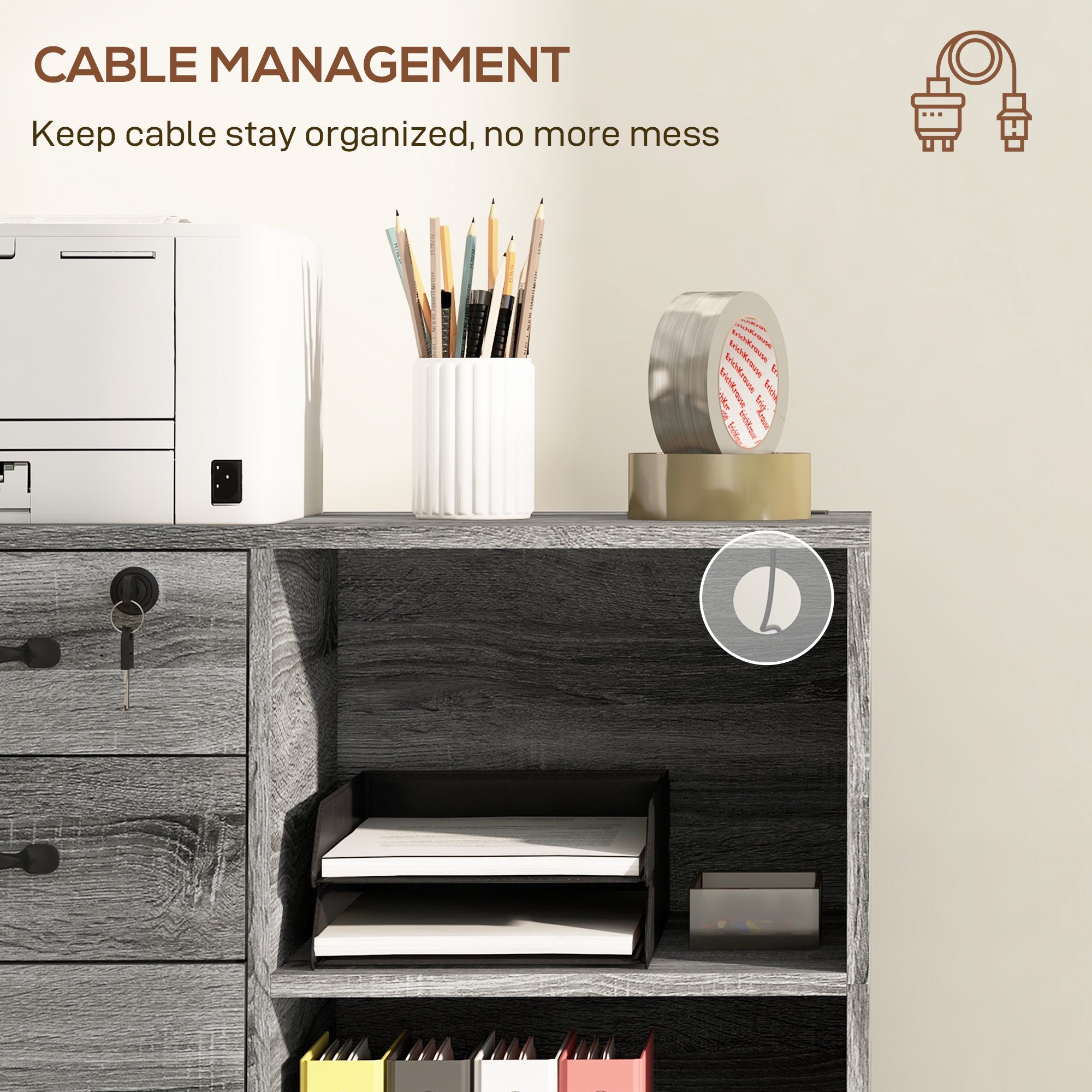 HOMCOM 3 Drawer Lateral Filing Cabinet with Charging Station and USB Ports, Mobile Printer Stand with Open Storage Shelf, Locking File Cabinet for A4, Letter Size, Grey