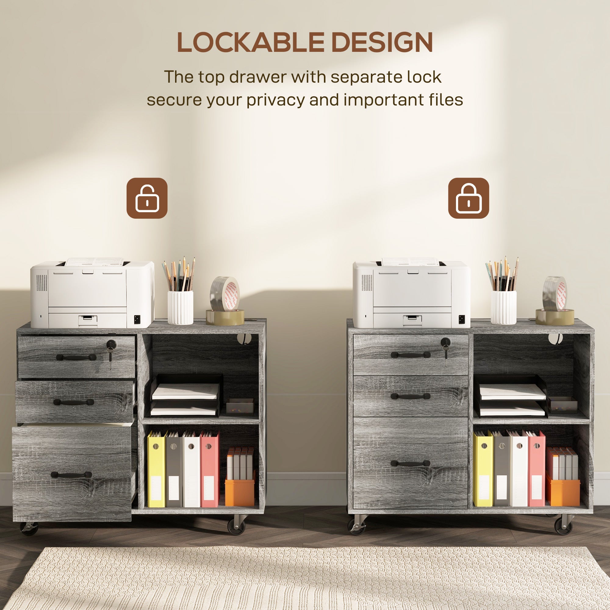 HOMCOM 3 Drawer Lateral Filing Cabinet with Charging Station and USB Ports, Mobile Printer Stand with Open Storage Shelf, Locking File Cabinet for A4, Letter Size, Grey