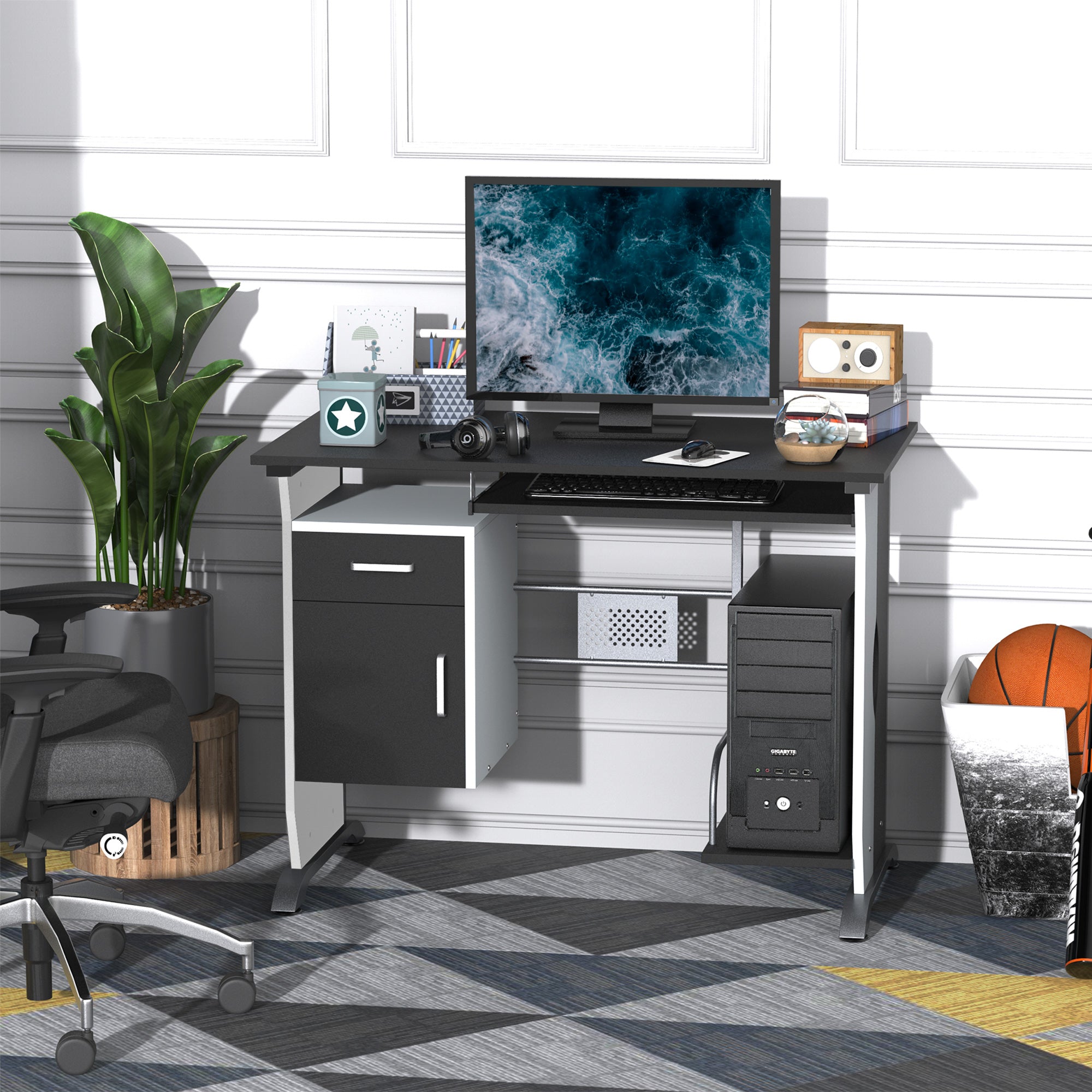 HOMCOM Computer Desk Table Home Office Furniture with Keyboard Tray and CPU Stand, Black and White