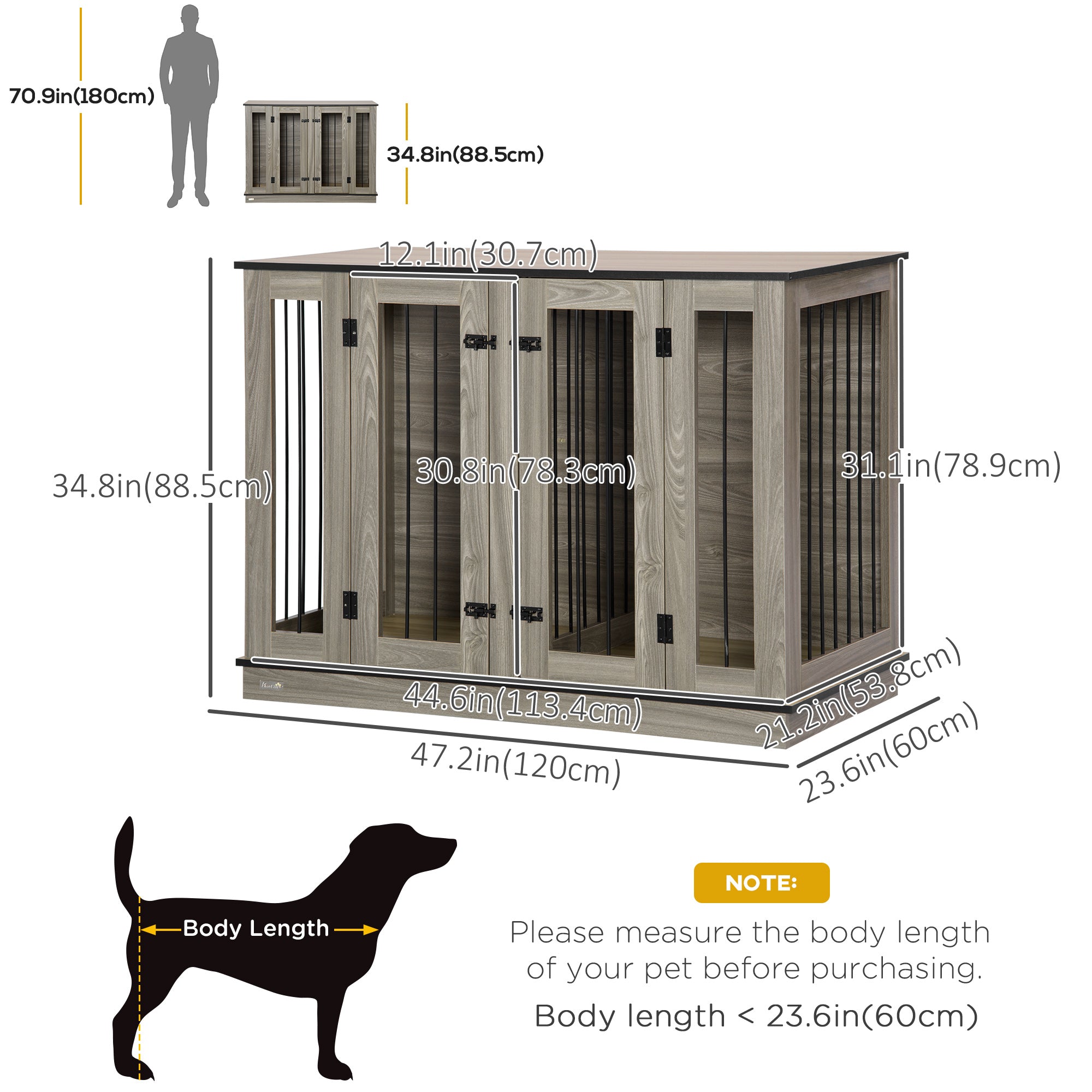 PawHut Dog Crate Furniture with Divider Panel, Dog Kennel End Table for Large Dogs, Decorative Pet House with Two Rooms Design, for 2 Small Dogs with 2 Front Doors, 47" x 23.5" x 35"