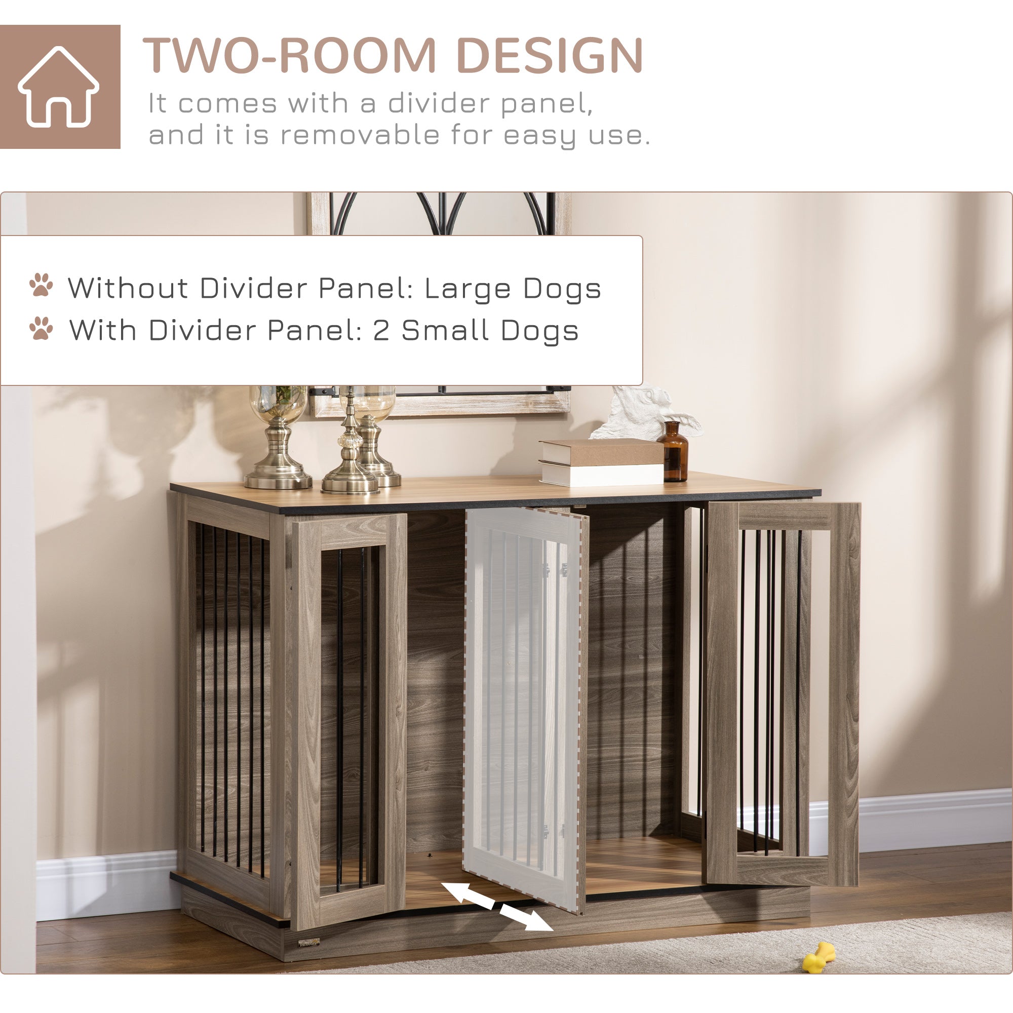 PawHut Dog Crate Furniture with Divider Panel, Dog Kennel End Table for Large Dogs, Decorative Pet House with Two Rooms Design, for 2 Small Dogs with 2 Front Doors, 47" x 23.5" x 35"