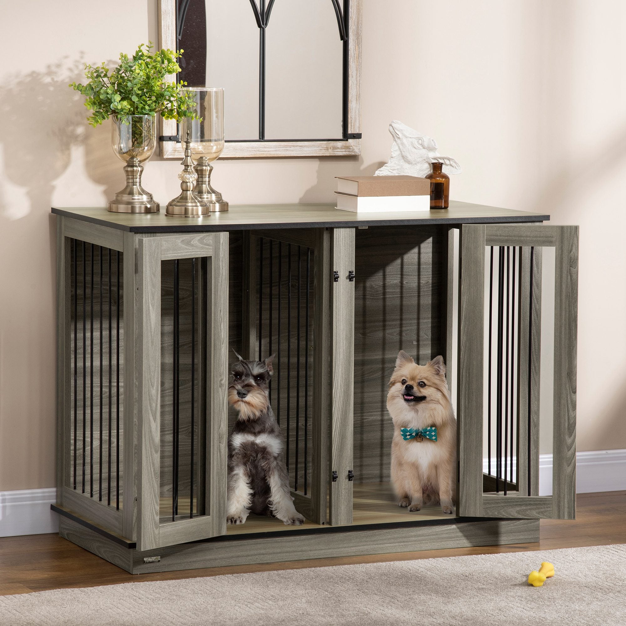 PawHut Dog Crate Furniture with Divider Panel, Dog Kennel End Table for Large Dogs, Decorative Pet House with Two Rooms Design, for 2 Small Dogs with 2 Front Doors, 47" x 23.5" x 35"