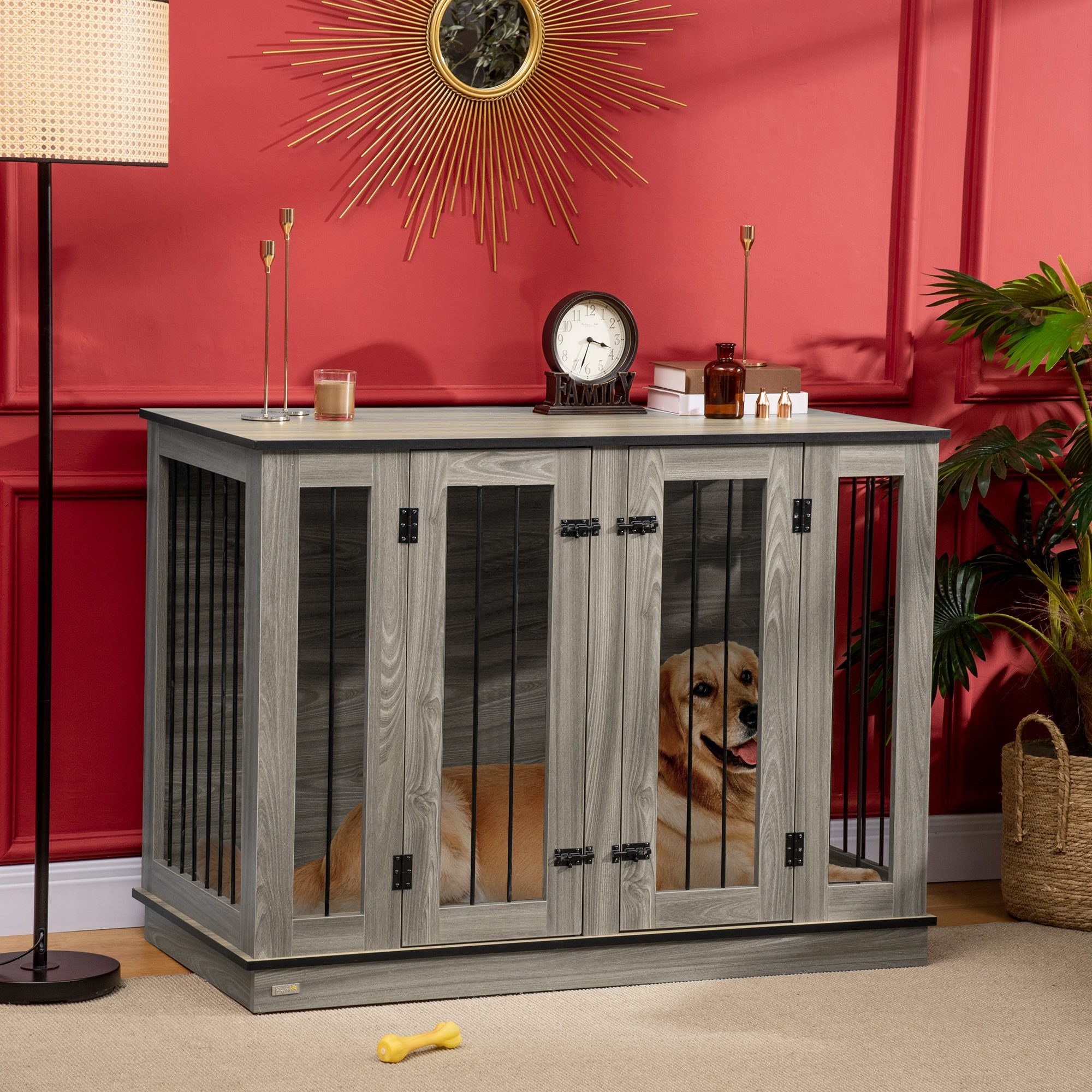 PawHut Dog Crate Furniture with Divider Panel, Dog Kennel End Table for Large Dogs, Decorative Pet House with Two Rooms Design, for 2 Small Dogs with 2 Front Doors, 47" x 23.5" x 35"