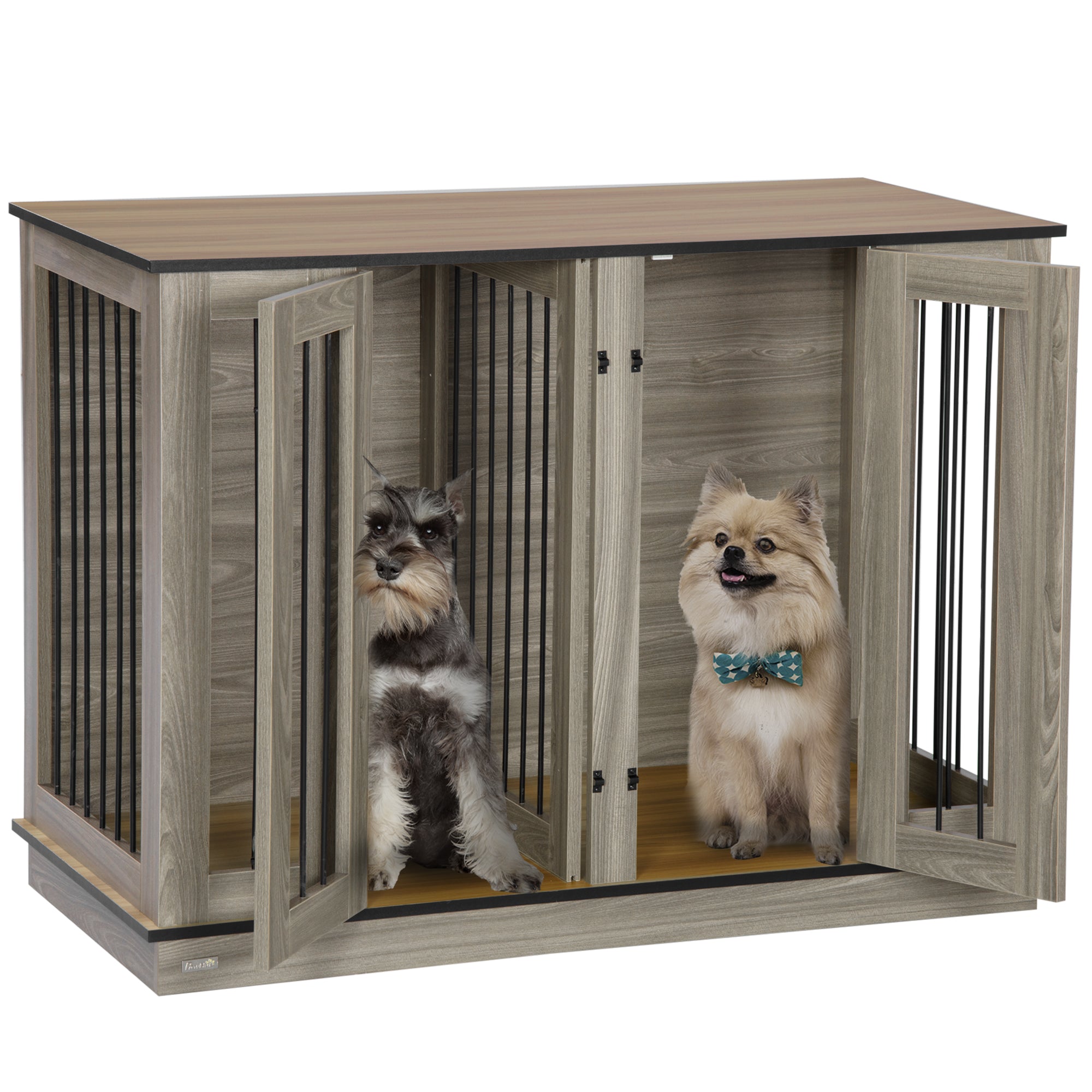 PawHut Dog Crate Furniture with Divider Panel, Dog Kennel End Table for Large Dogs, Decorative Pet House with Two Rooms Design, for 2 Small Dogs with 2 Front Doors, 47" x 23.5" x 35"
