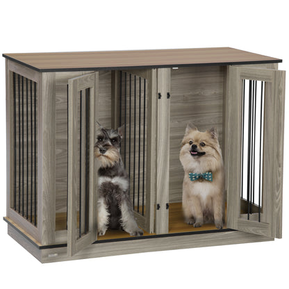 PawHut Dog Crate Furniture with Divider Panel, Dog Kennel End Table for Large Dogs, Decorative Pet House with Two Rooms Design, for 2 Small Dogs with 2 Front Doors, 47" x 23.5" x 35"