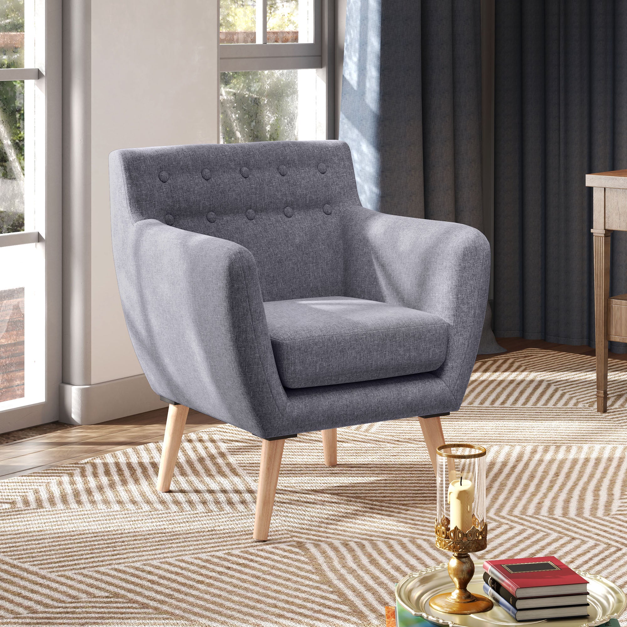 HOMCOM Mid-Century Modern Accent Chair, Linen Upholstery Armchair, Tufted Club Chair with Wood Frame and Thick Padding for Living Room, Bedroom, Light Grey