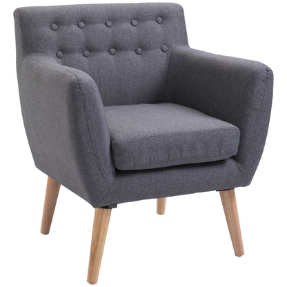 HOMCOM Mid-Century Modern Accent Chair, Linen Upholstery Armchair, Tufted Club Chair with Wood Frame and Thick Padding for Living Room, Bedroom, Light Grey