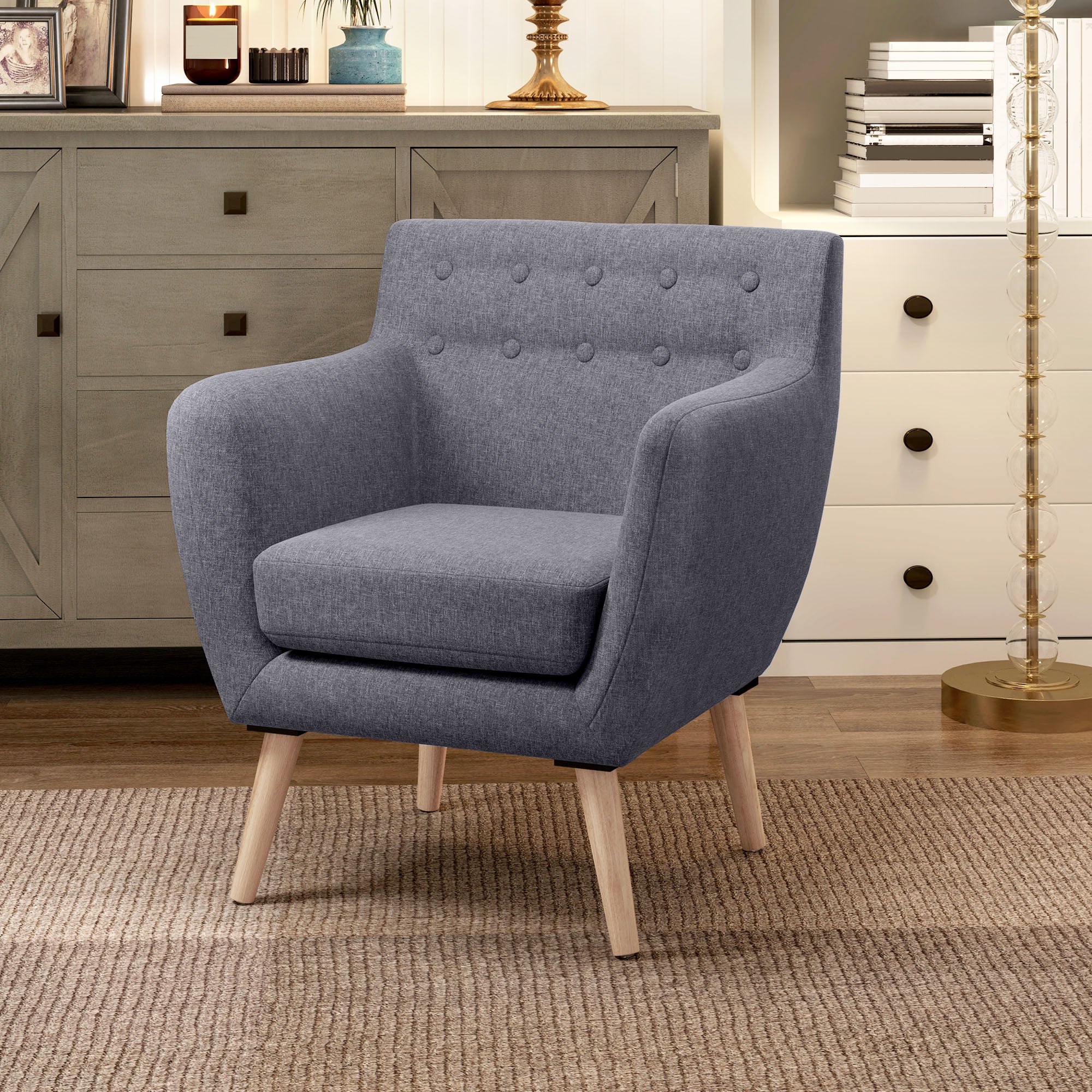 HOMCOM Mid-Century Modern Accent Chair, Linen Upholstery Armchair, Tufted Club Chair with Wood Frame and Thick Padding for Living Room, Bedroom, Light Grey
