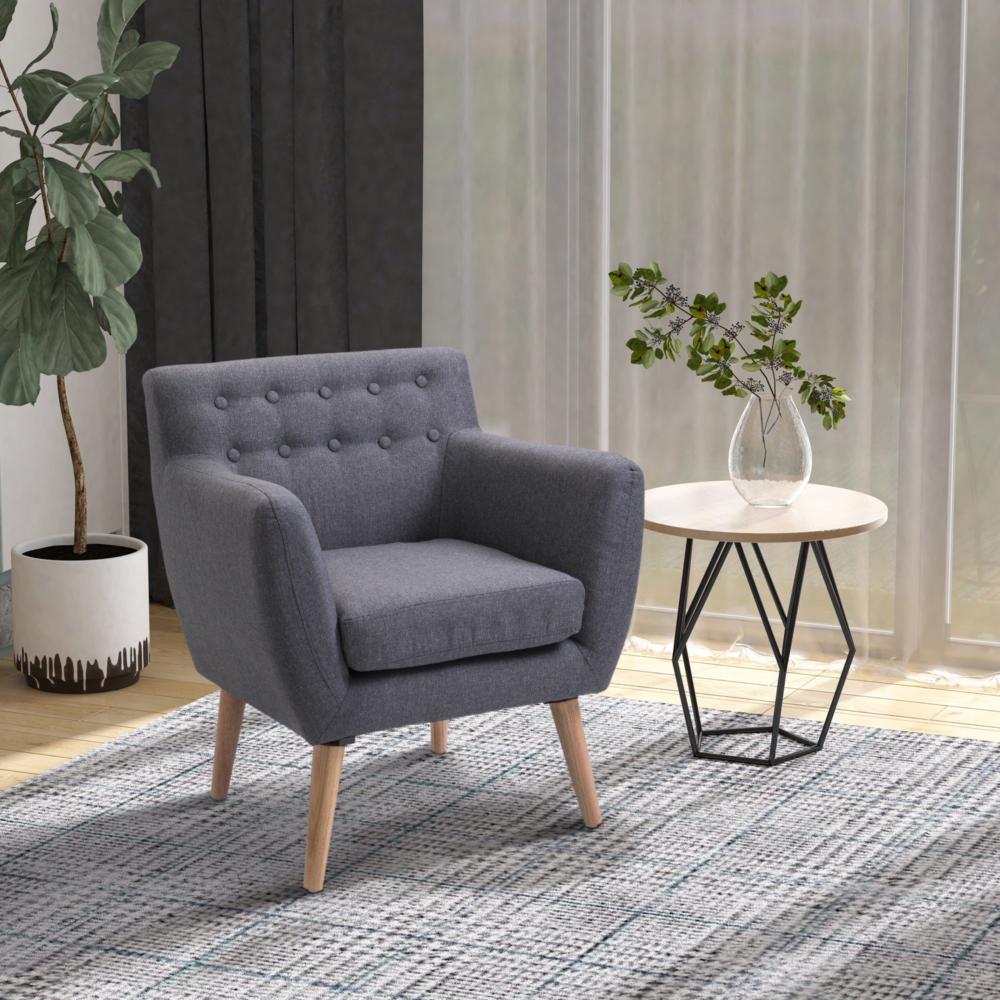 HOMCOM Mid-Century Modern Accent Chair, Linen Upholstery Armchair, Tufted Club Chair with Wood Frame and Thick Padding for Living Room, Bedroom, Light Grey
