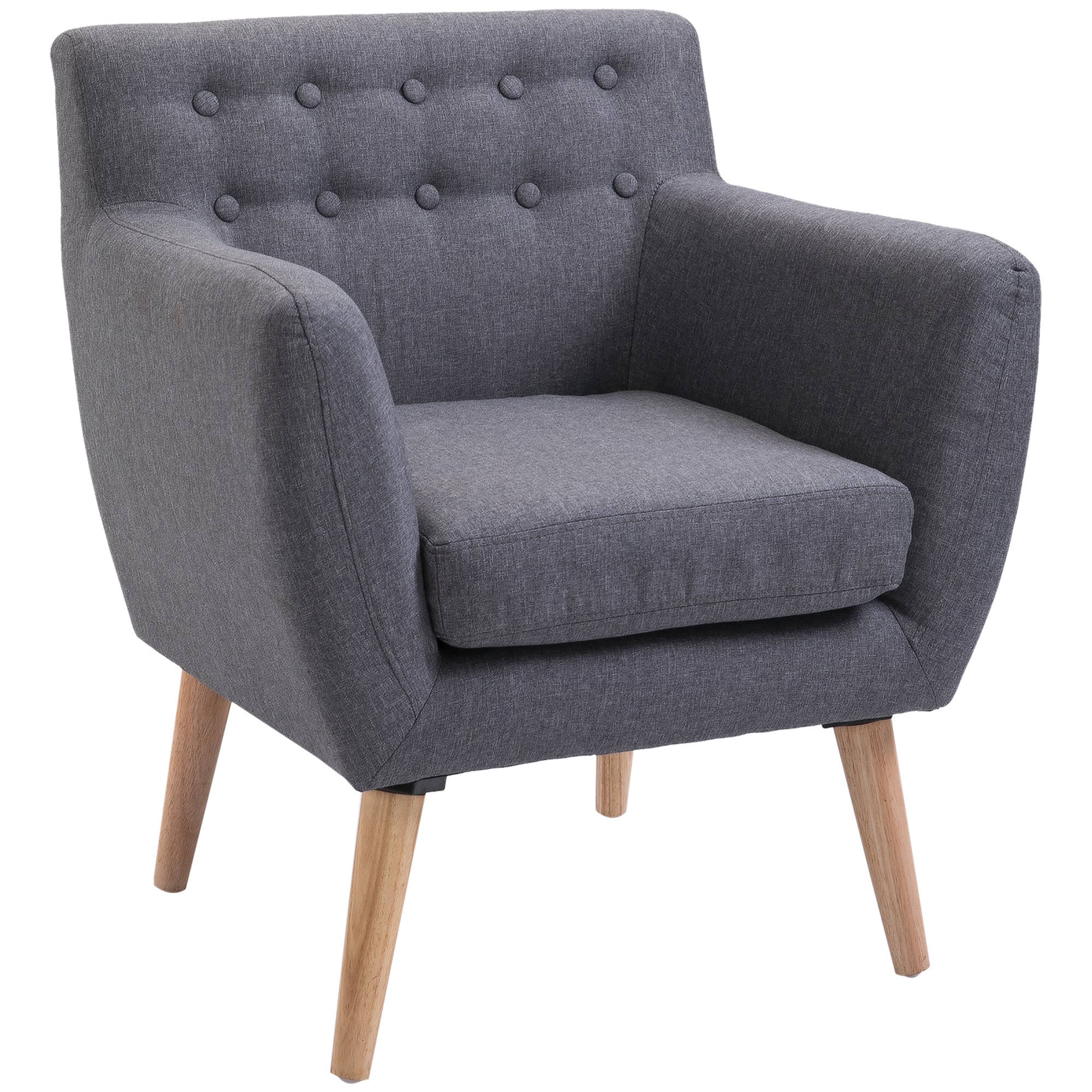 HOMCOM Mid-Century Modern Accent Chair, Linen Upholstery Armchair, Tufted Club Chair with Wood Frame and Thick Padding for Living Room, Bedroom, Light Grey