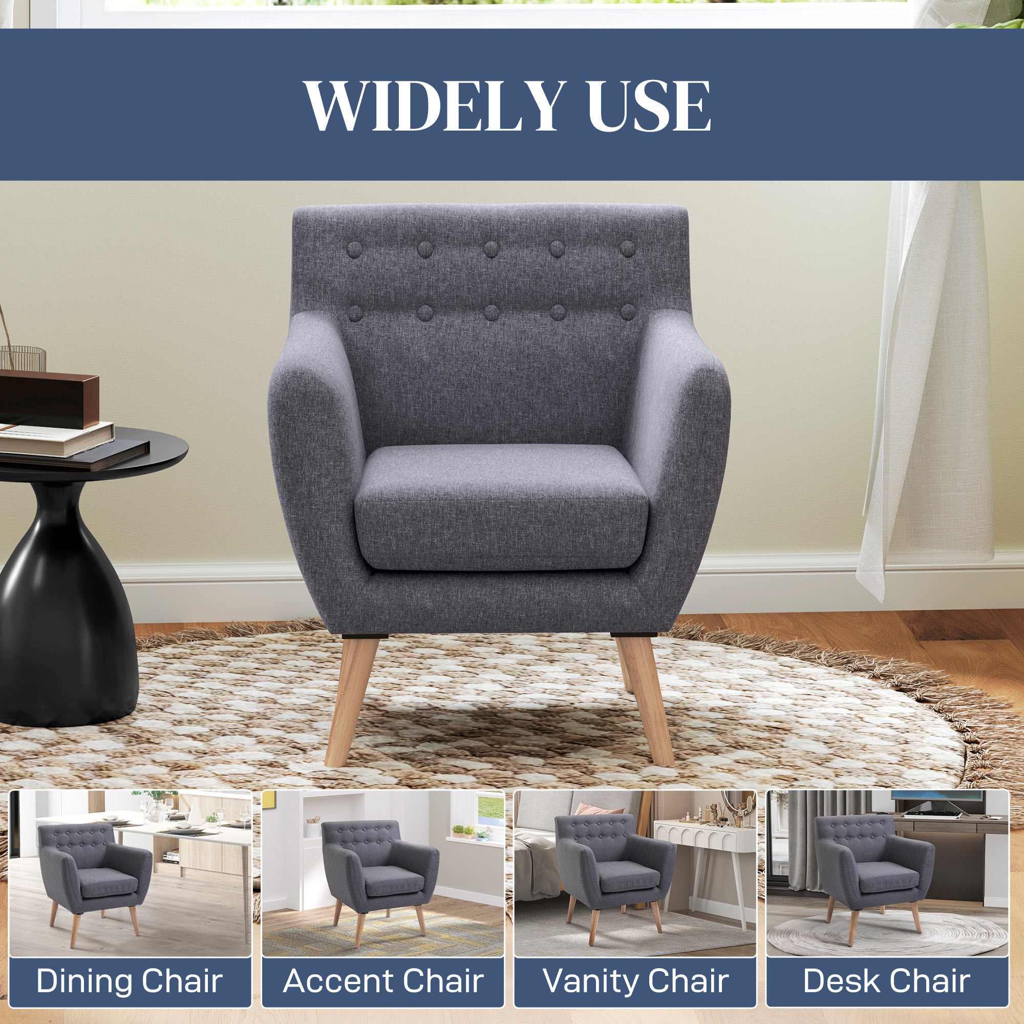 HOMCOM Mid-Century Modern Accent Chair, Linen Upholstery Armchair, Tufted Club Chair with Wood Frame and Thick Padding for Living Room, Bedroom, Light Grey
