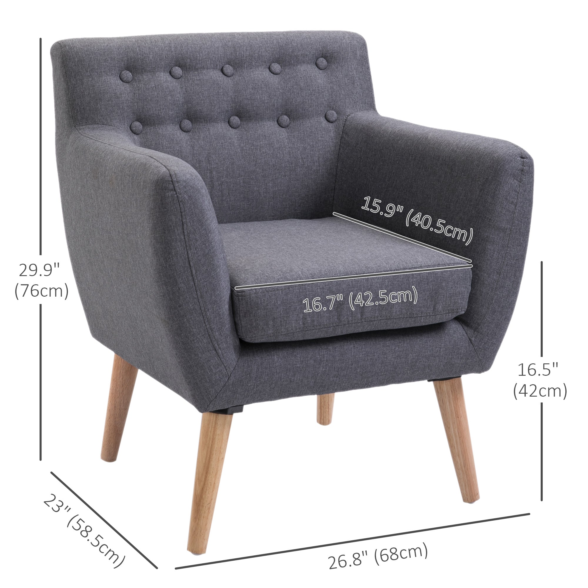HOMCOM Mid-Century Modern Accent Chair, Linen Upholstery Armchair, Tufted Club Chair with Wood Frame and Thick Padding for Living Room, Bedroom, Light Grey
