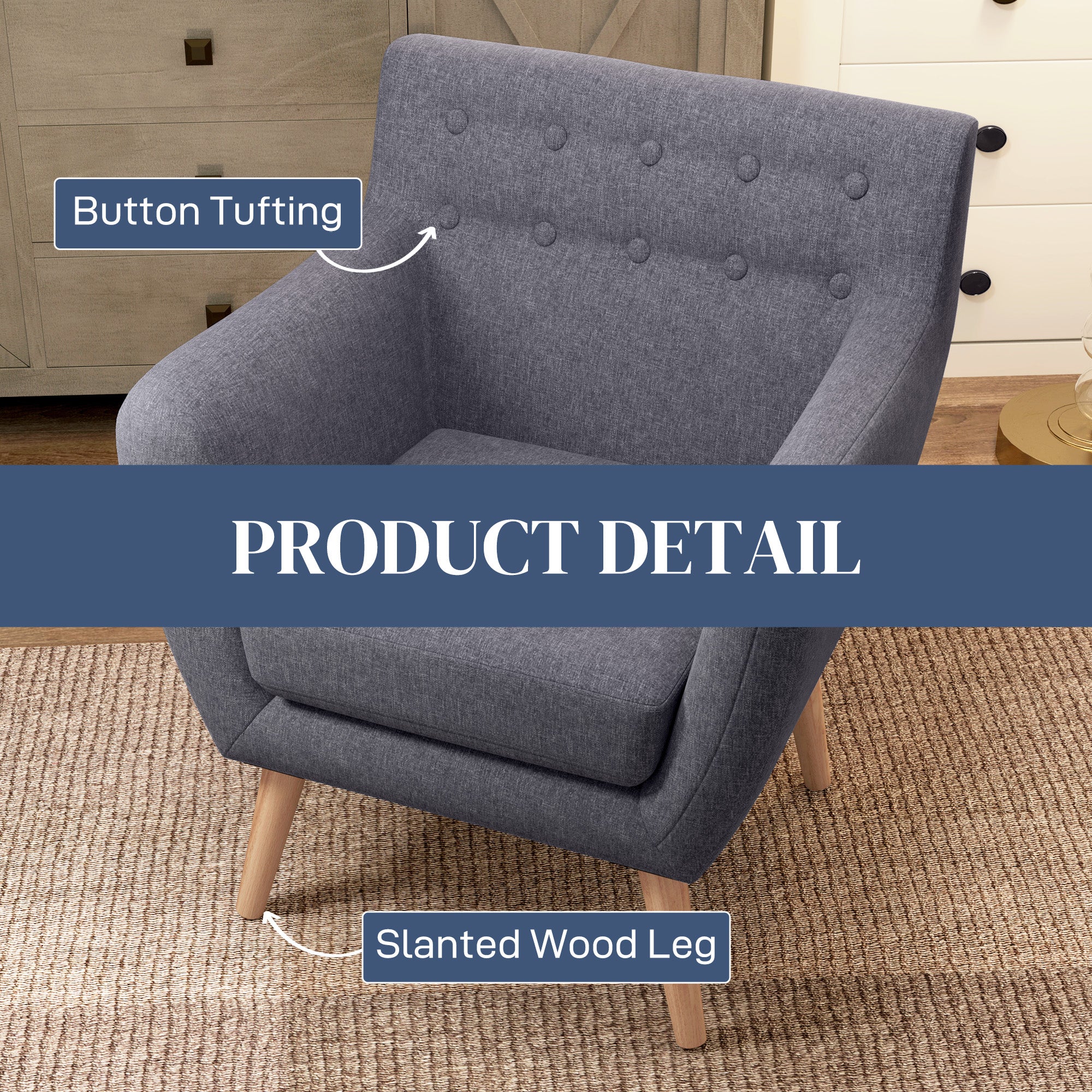 HOMCOM Mid-Century Modern Accent Chair, Linen Upholstery Armchair, Tufted Club Chair with Wood Frame and Thick Padding for Living Room, Bedroom, Light Grey
