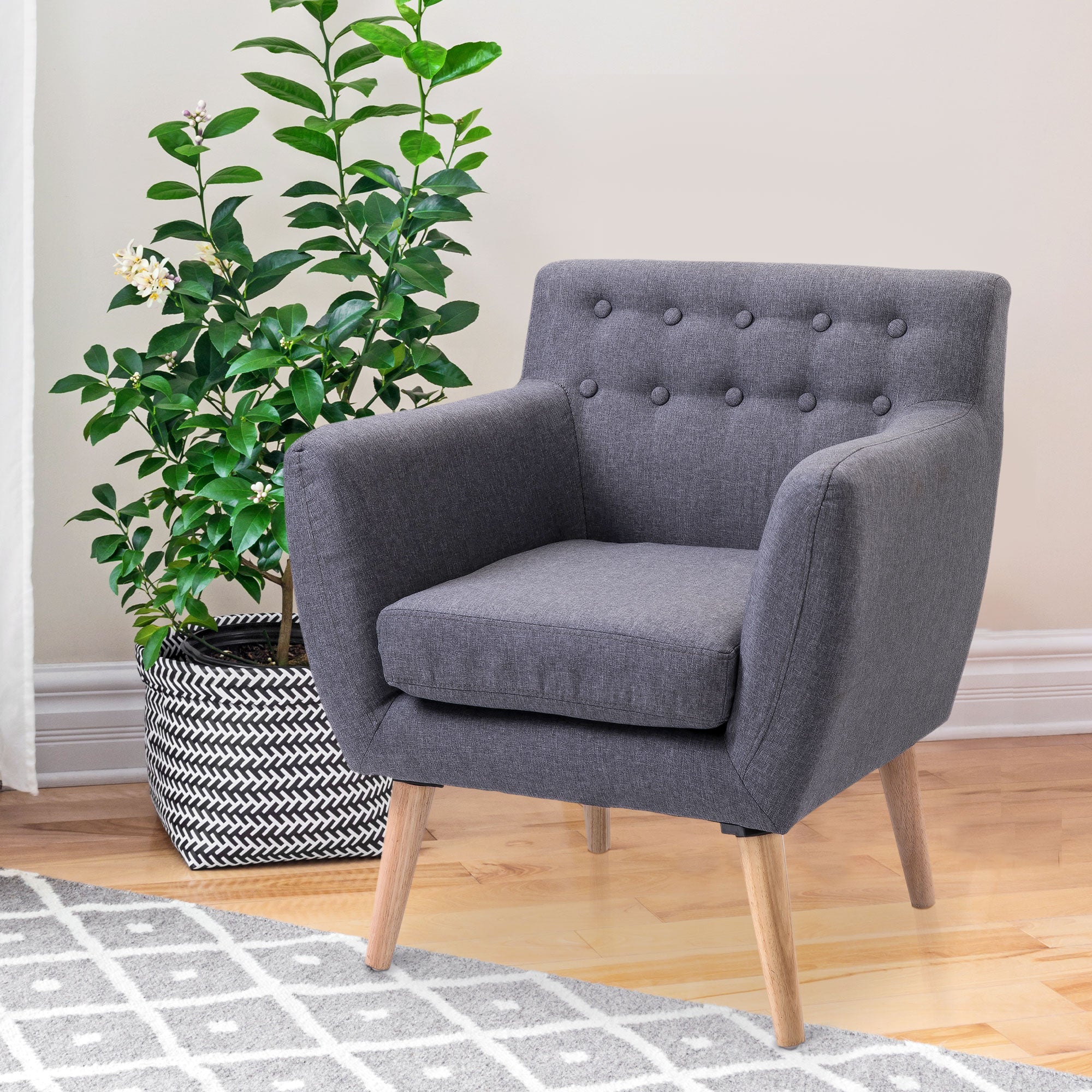 HOMCOM Mid-Century Modern Accent Chair, Linen Upholstery Armchair, Tufted Club Chair with Wood Frame and Thick Padding for Living Room, Bedroom, Light Grey